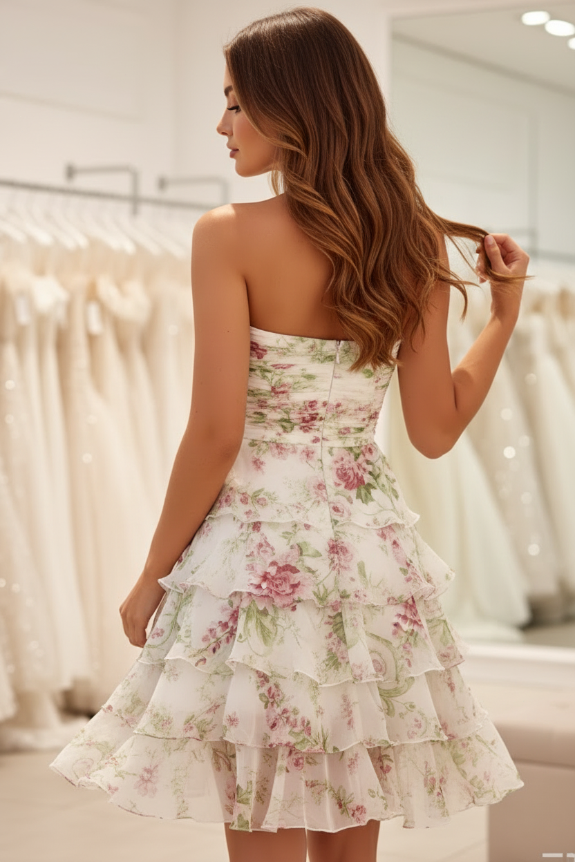 Strapless Tiered Floral Chiffon Mini Dress