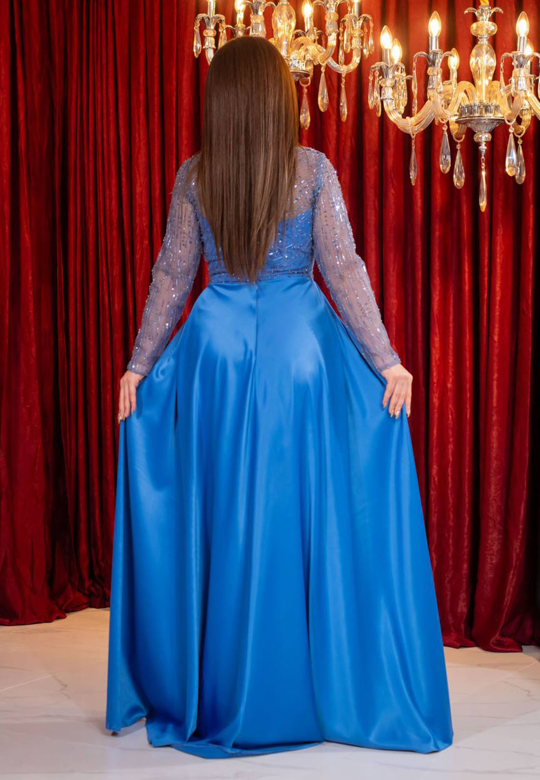 Sequin Sheath Gown with Pleated Bodice & Satin Overskirt