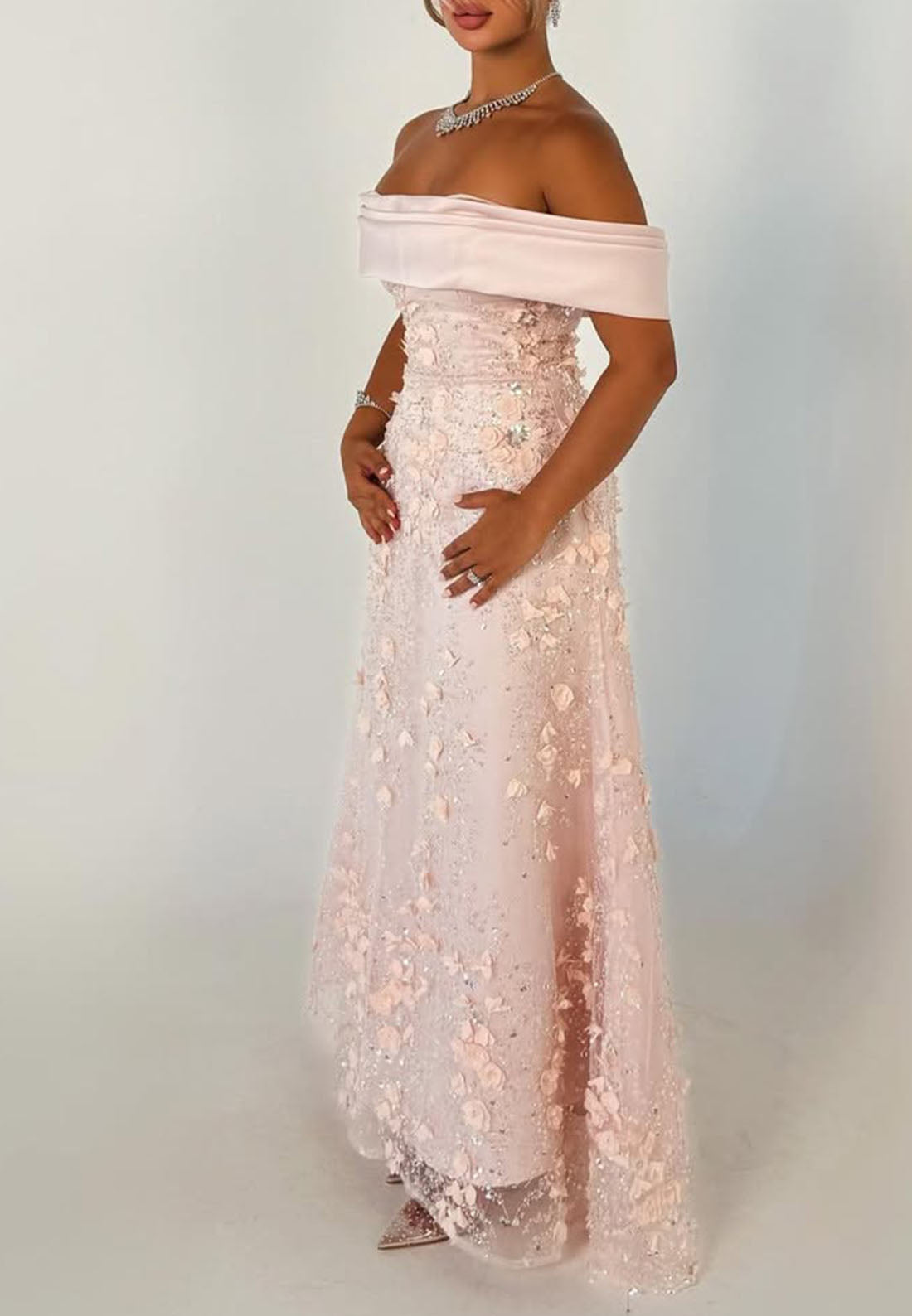 Off-the-Shoulder 3D Floral Sequin Evening Gown