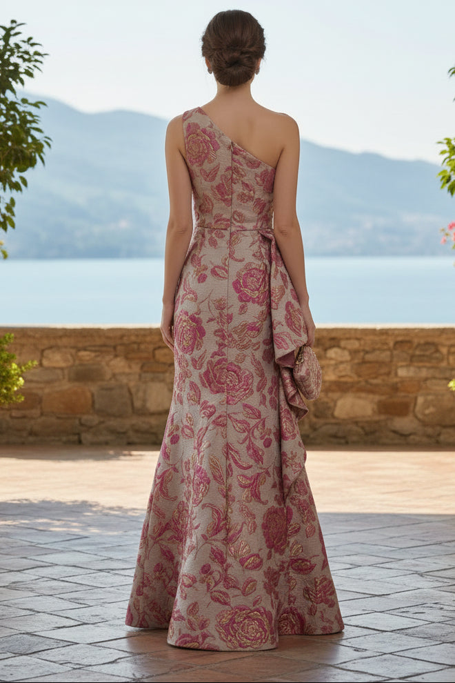 One-Shoulder Floral Jacquard Gown with Side Ruffle