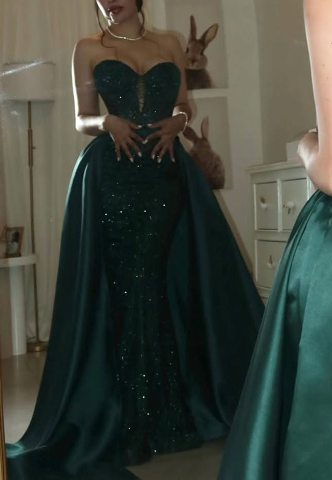 Strapless Sequin Mermaid Gown with Satin Overskirt