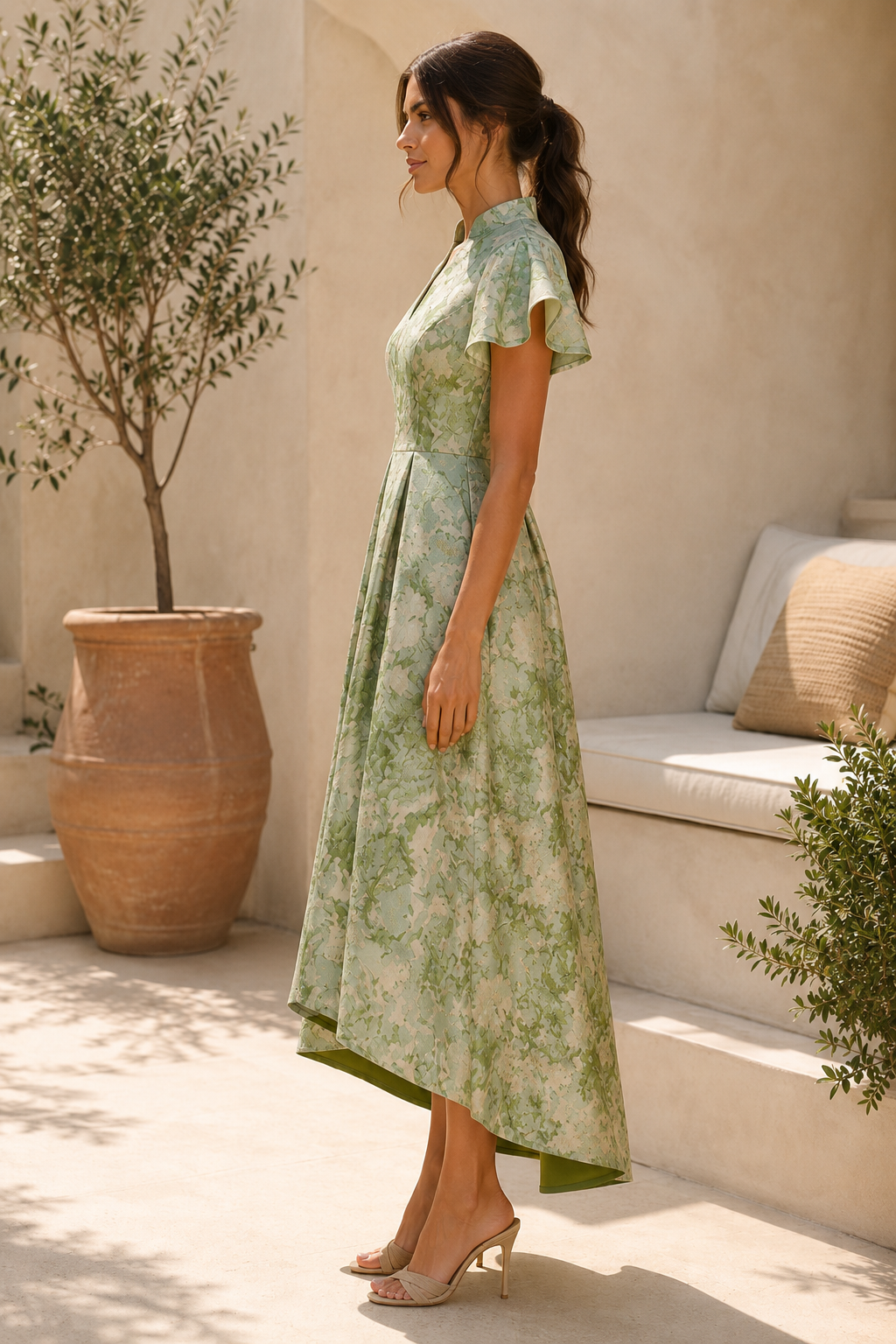 Flutter Sleeve Jacquard High-Low A-Line Dress