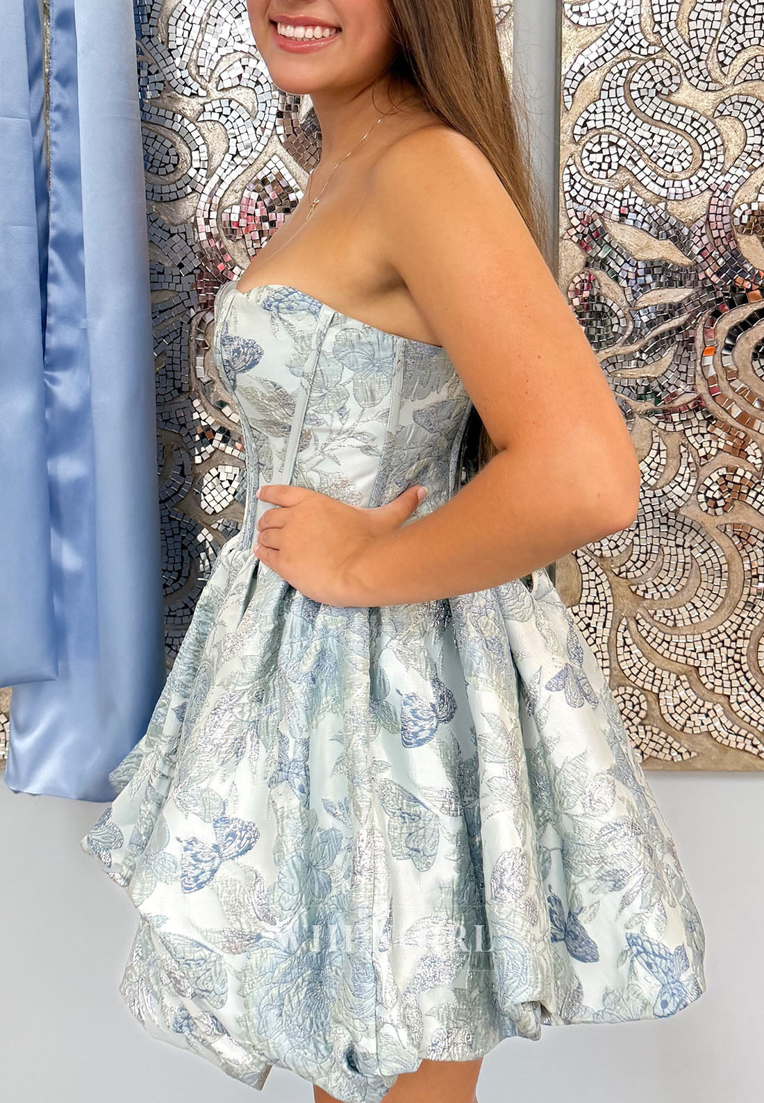 Strapless Jacquard Bubble Skirt Corset Mini Dress