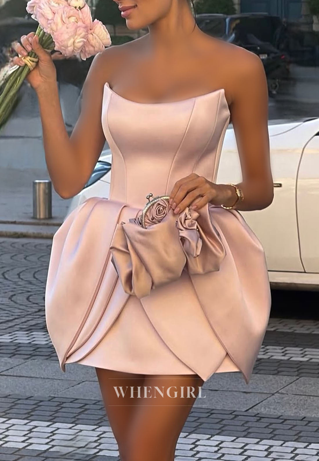 Strapless Satin Corset Mini Dress with Bubble Skirt