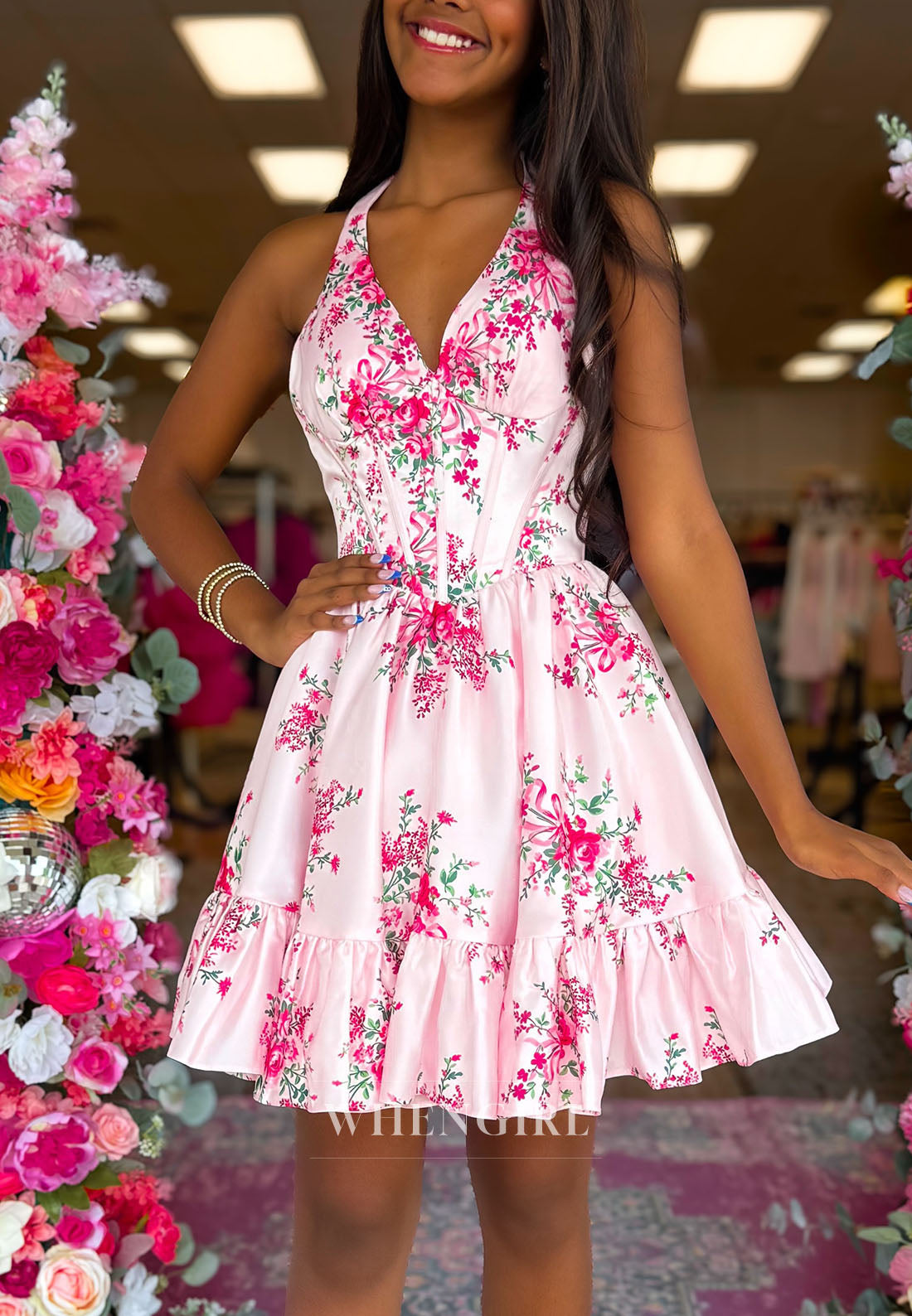 Floral Print Corset Mini Dress with Ruffled Hem