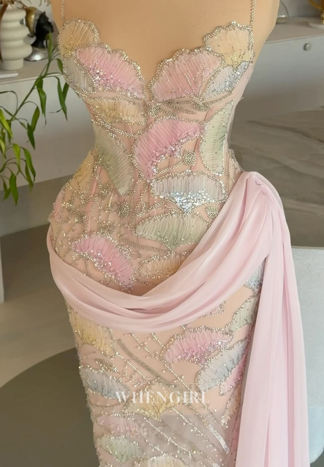Embroidered Beaded Evening Gown with Side Drape
