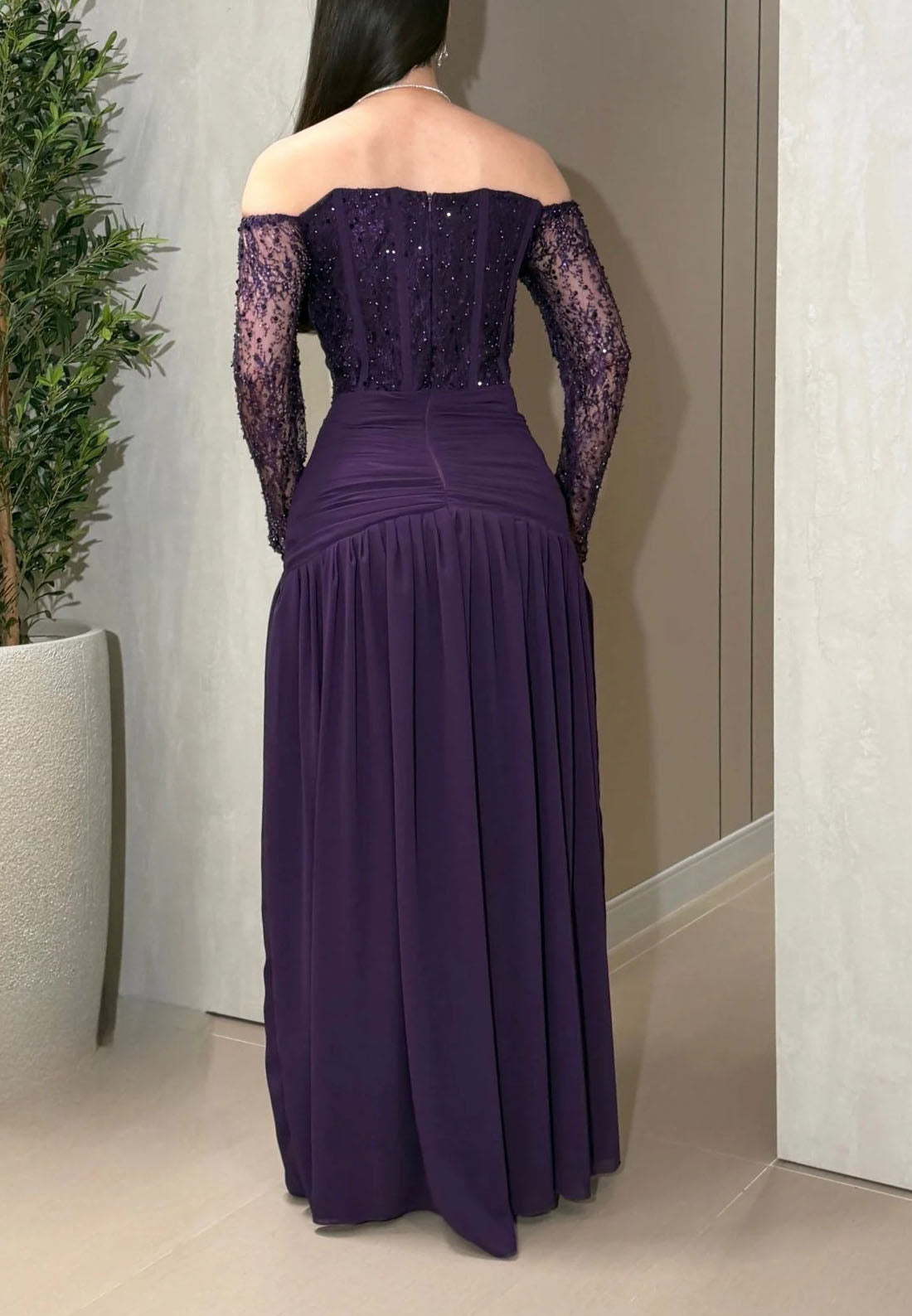 Off-the-Shoulder Beaded Ruched Evening Gown