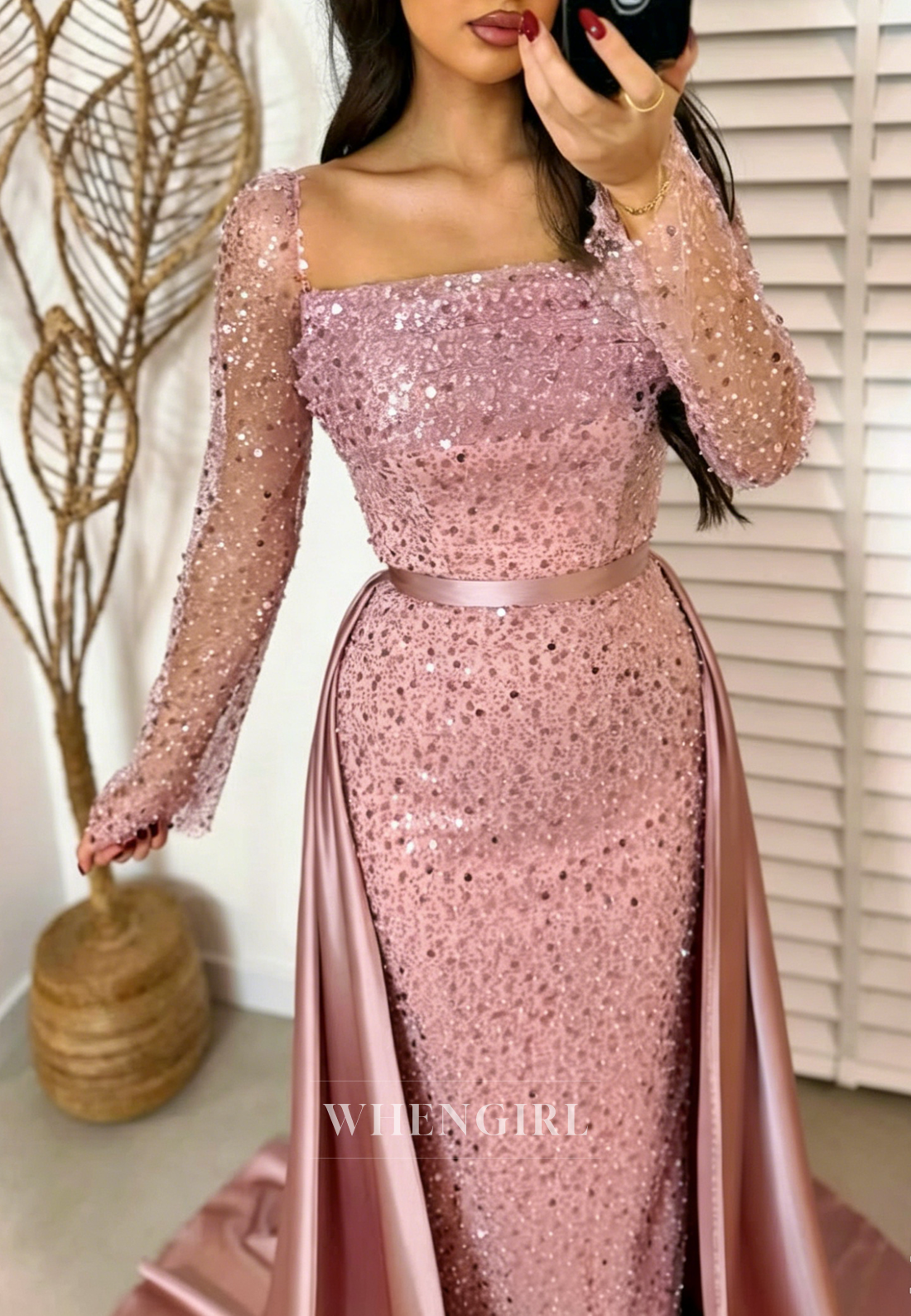 Pearl Beaded Mesh Long Sleeve Gown with Overskirt