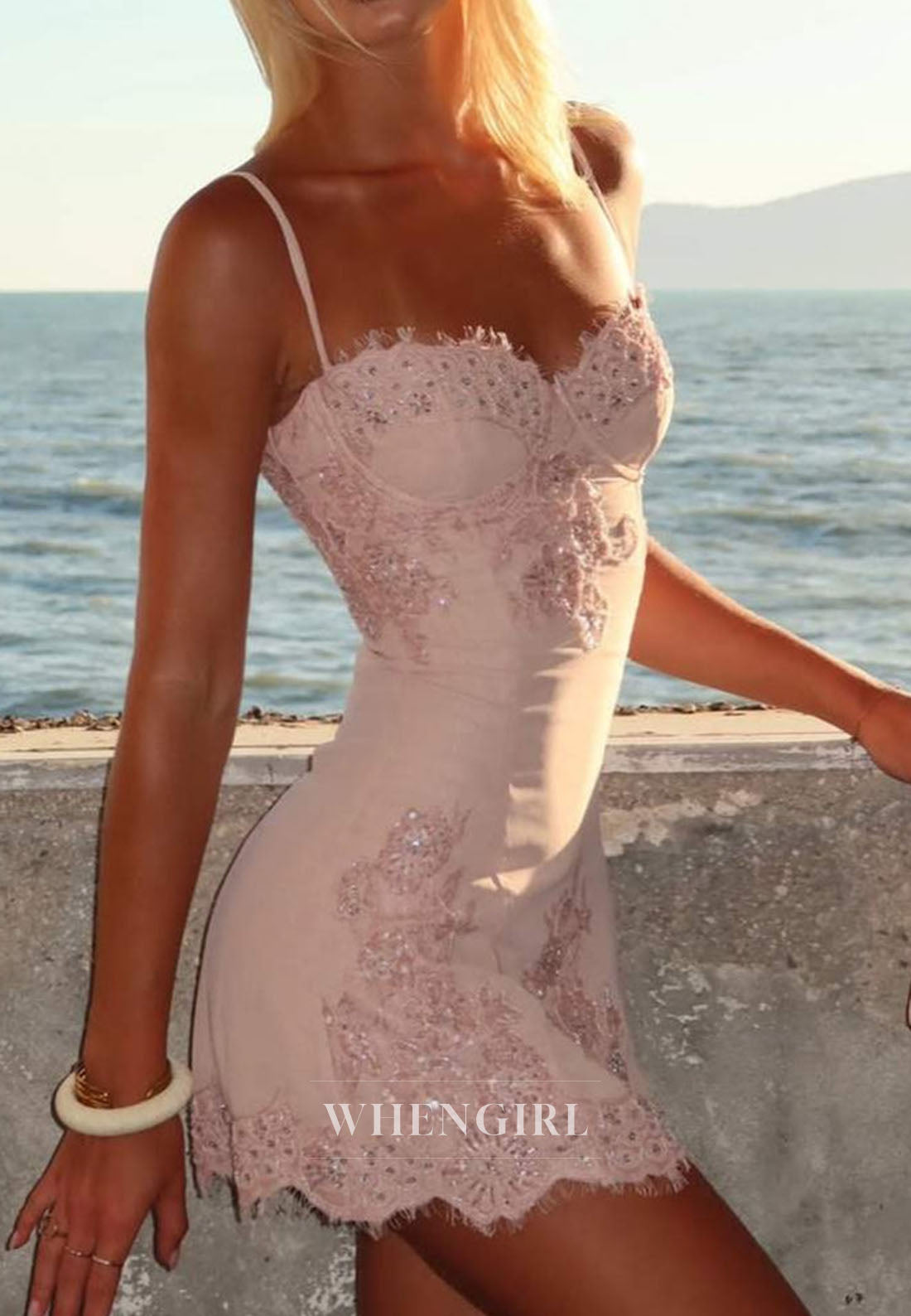 Lace Applique Corset Mini Dress with Spaghetti Straps