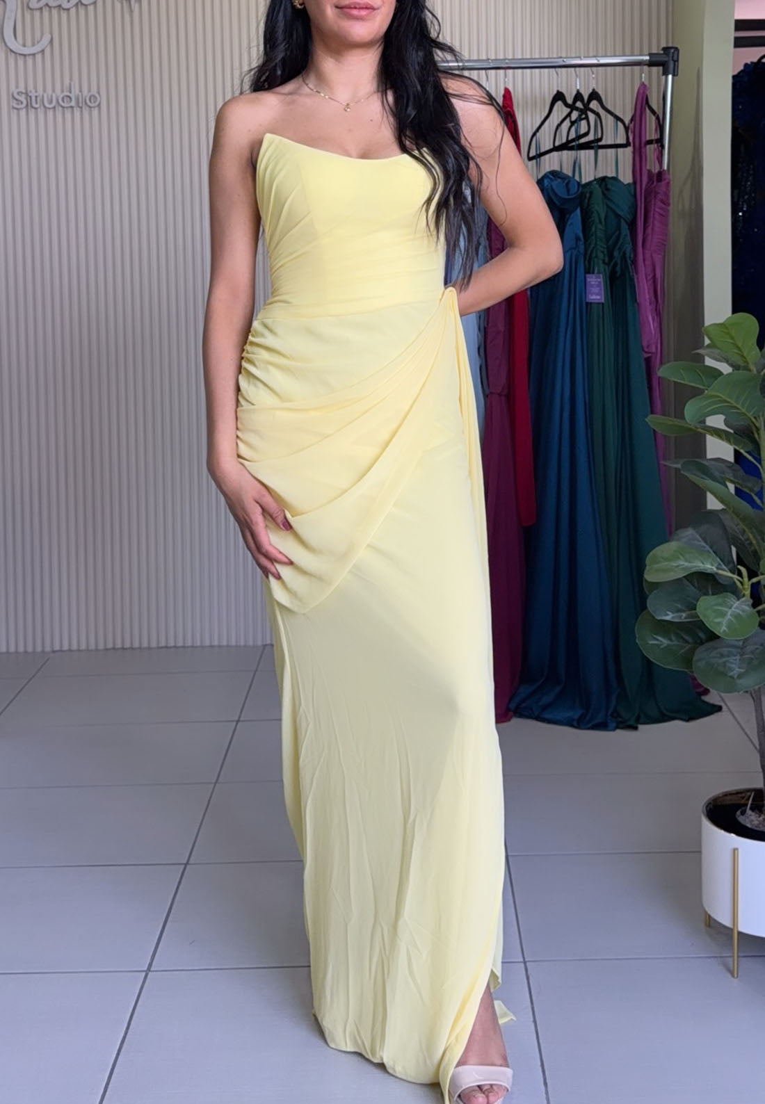 Strapless Ruched Maxi Dress with Lace-Up Back
