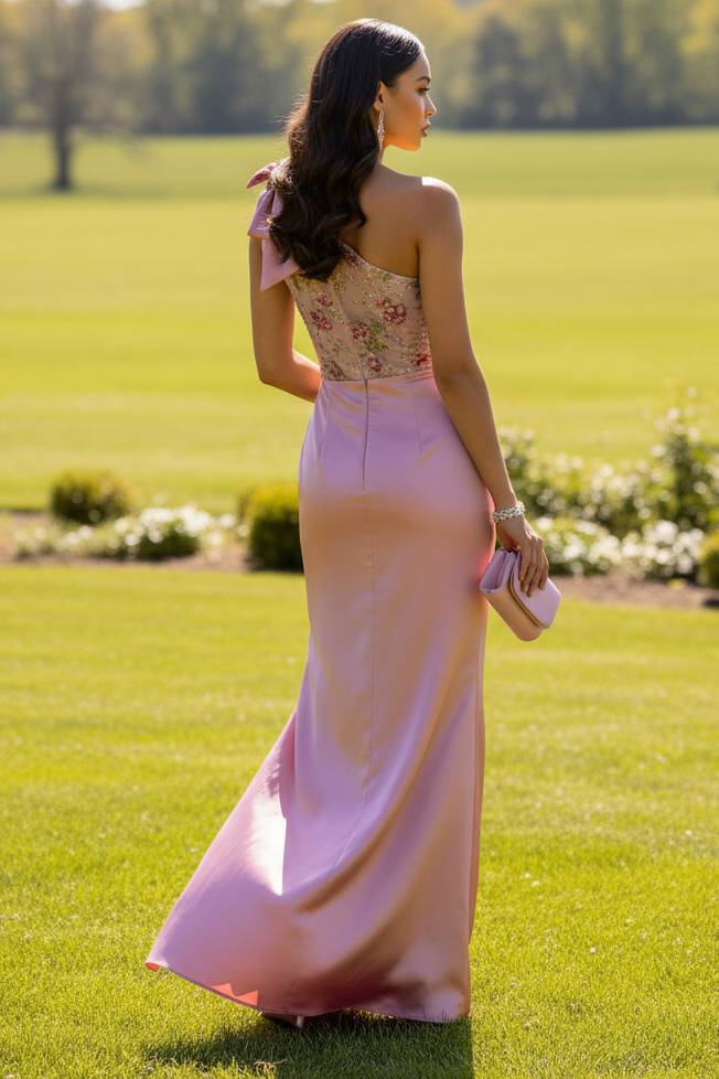 One-Shoulder Floral Applique Satin Gown
