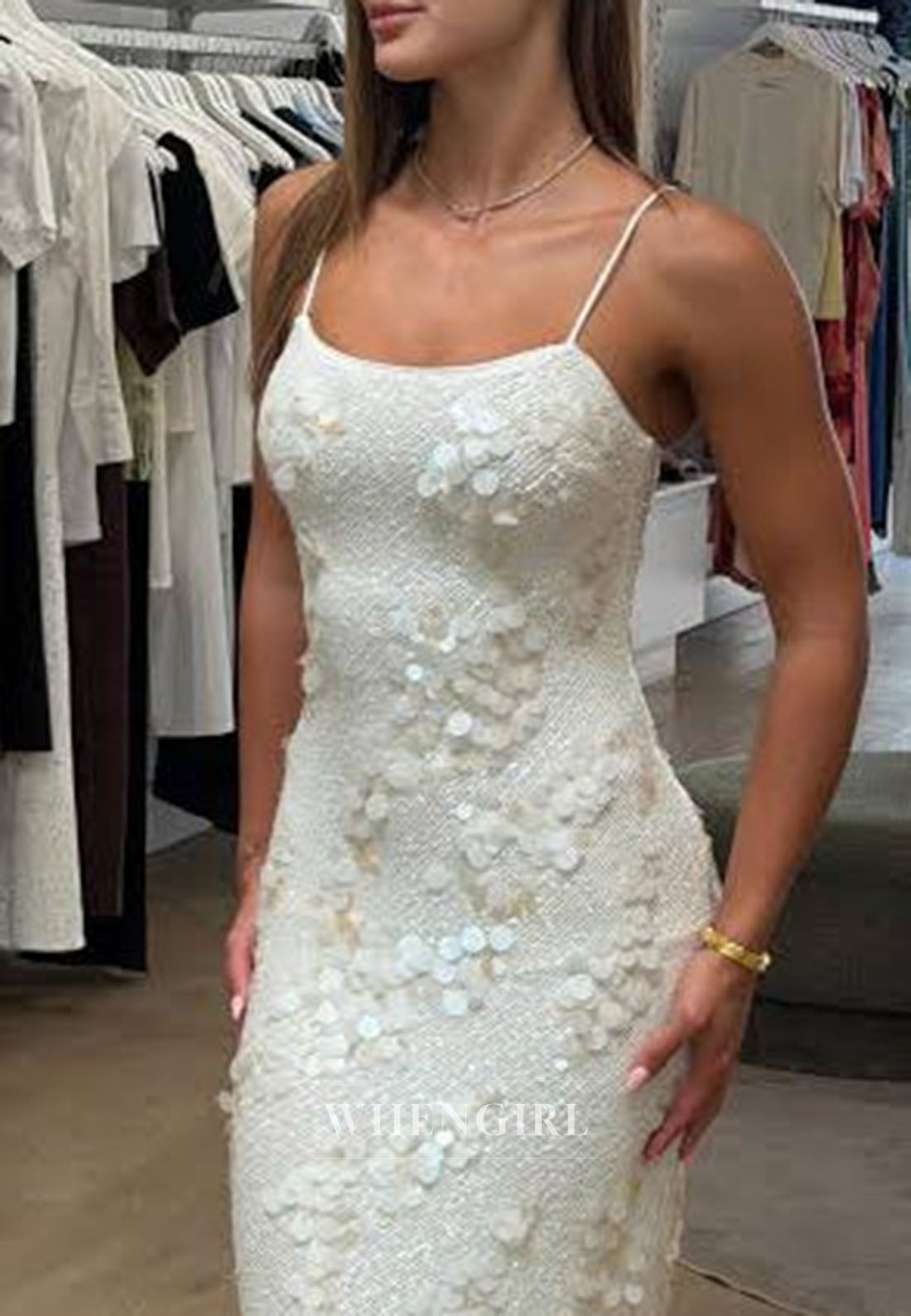 Sequin Column Maxi Dress with Spaghetti Straps