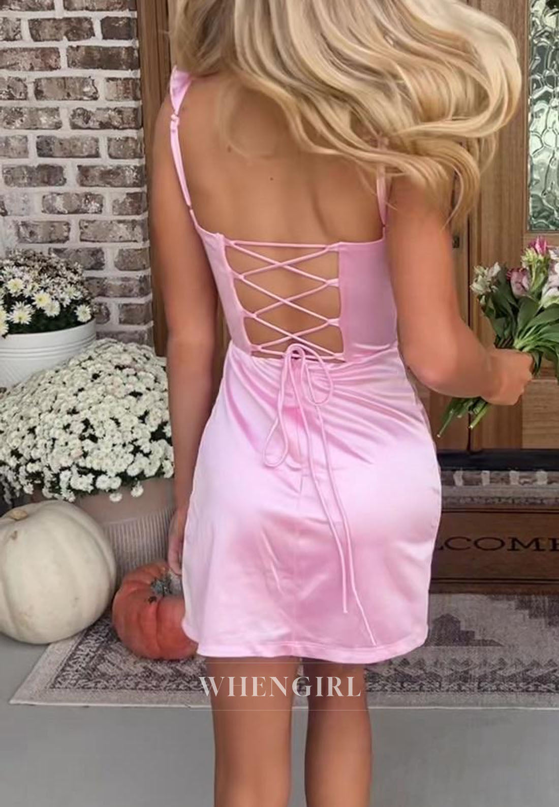Satin Mini Dress with Ruffle Strap and Lace-Up Back