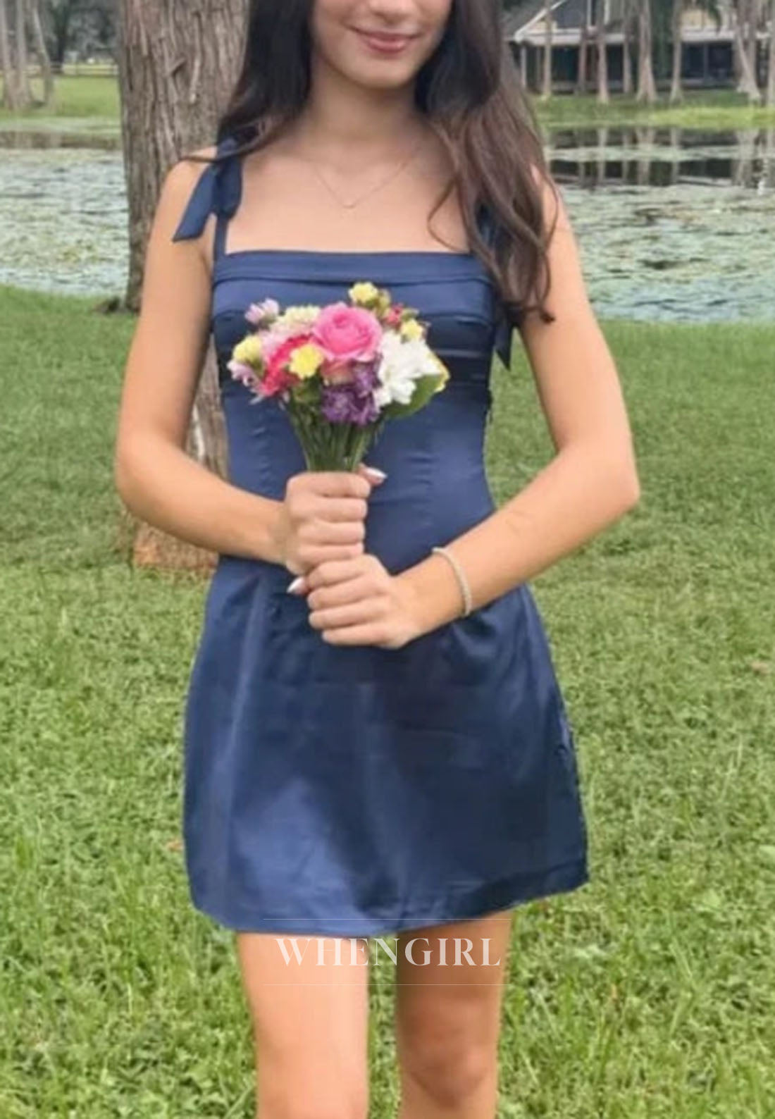 Tie-Shoulder Satin Mini Dress with Cut-Out Back