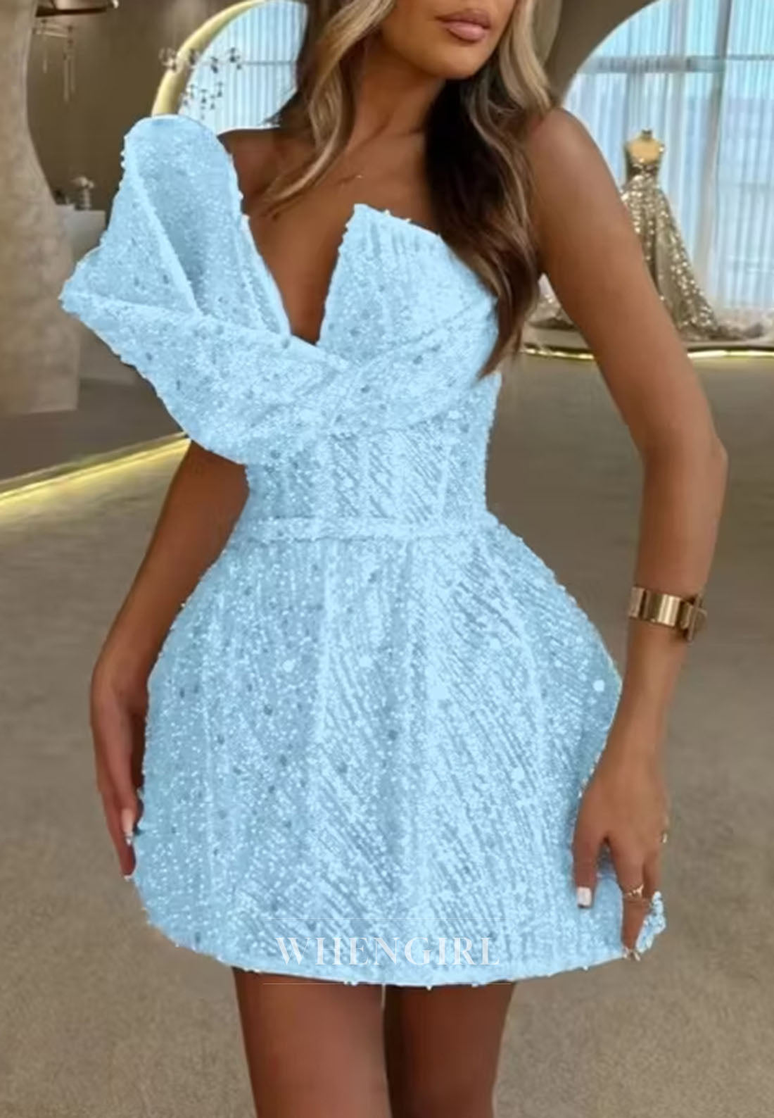 Asymmetrical One-Shoulder Beaded A-Line Mini Dress
