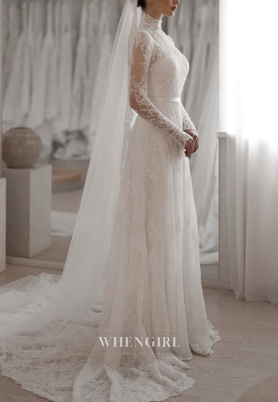 High Neck Lace Long Sleeve Wedding Dress