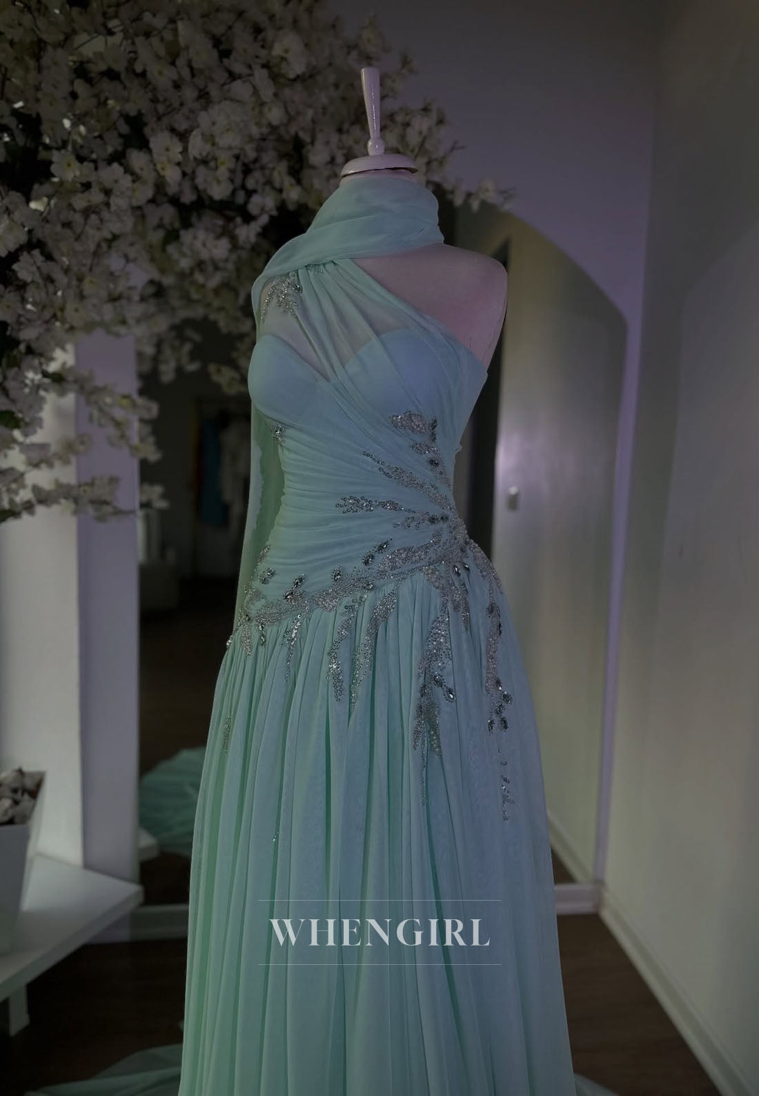 One-Shoulder Pleated Chiffon Evening Gown