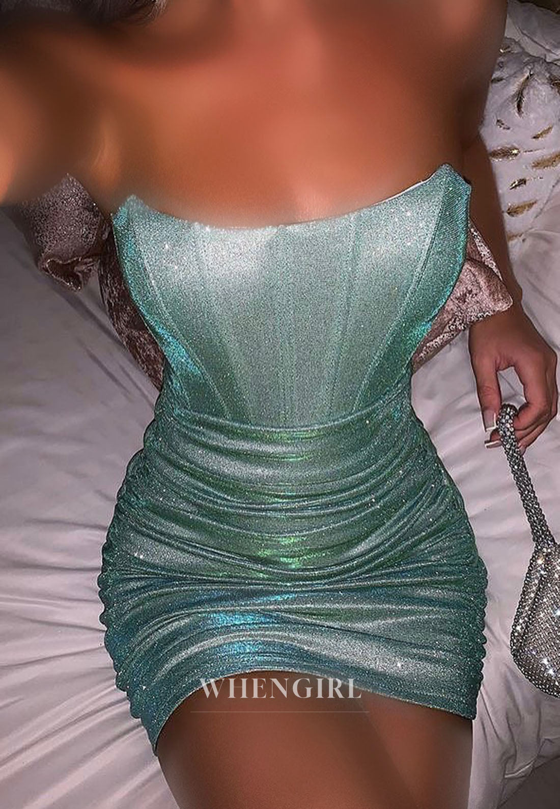 Glitter Strapless Corset Ruched Bodycon Mini Dress