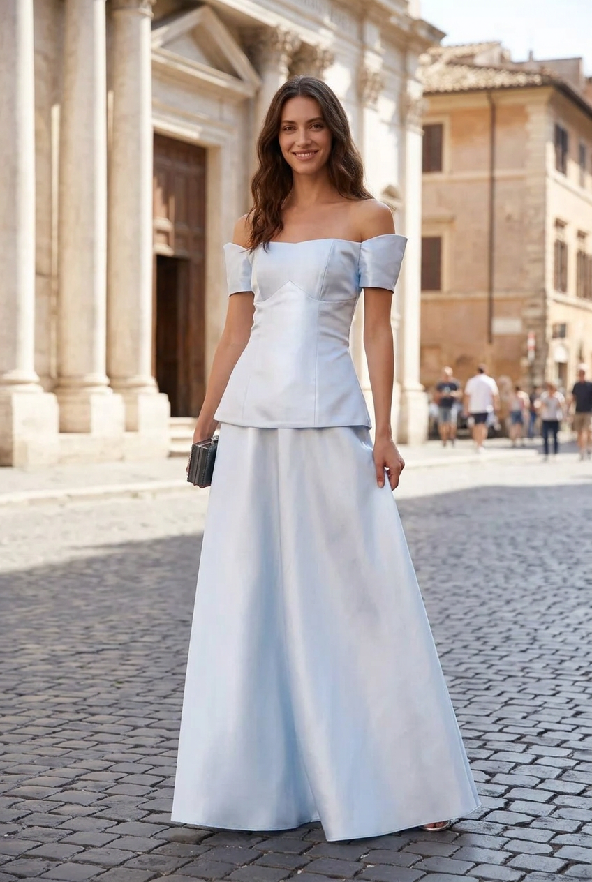 Off-the-Shoulder Peplum Satin Gown