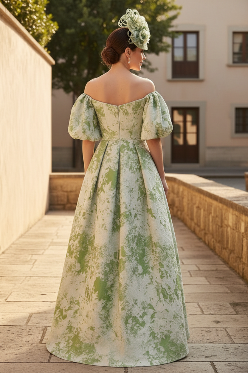 Puff Sleeve Jacquard A-Line Evening Gown