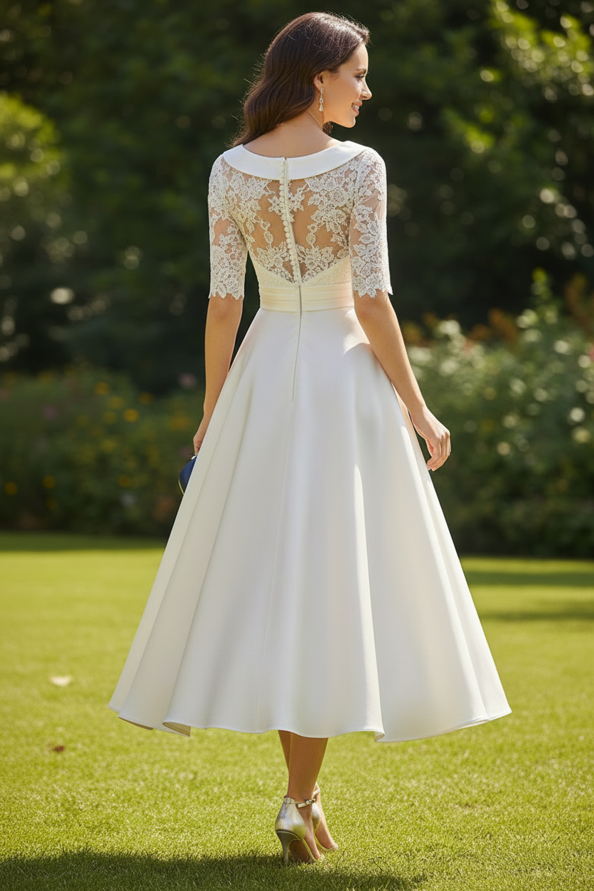 Elegant Lace Half-Sleeve Satin Tea-Length Dress