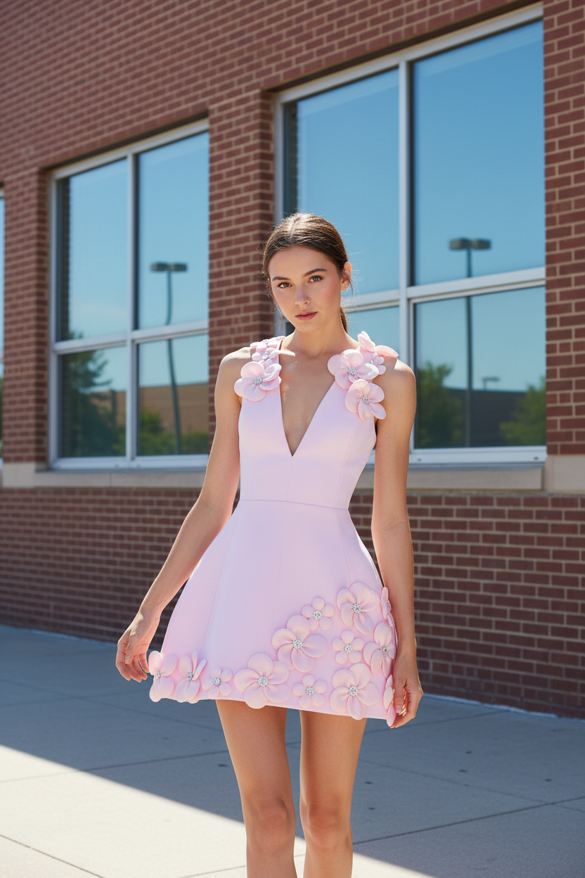 Sleeveless Floral Applique V-Neck Mini Dress