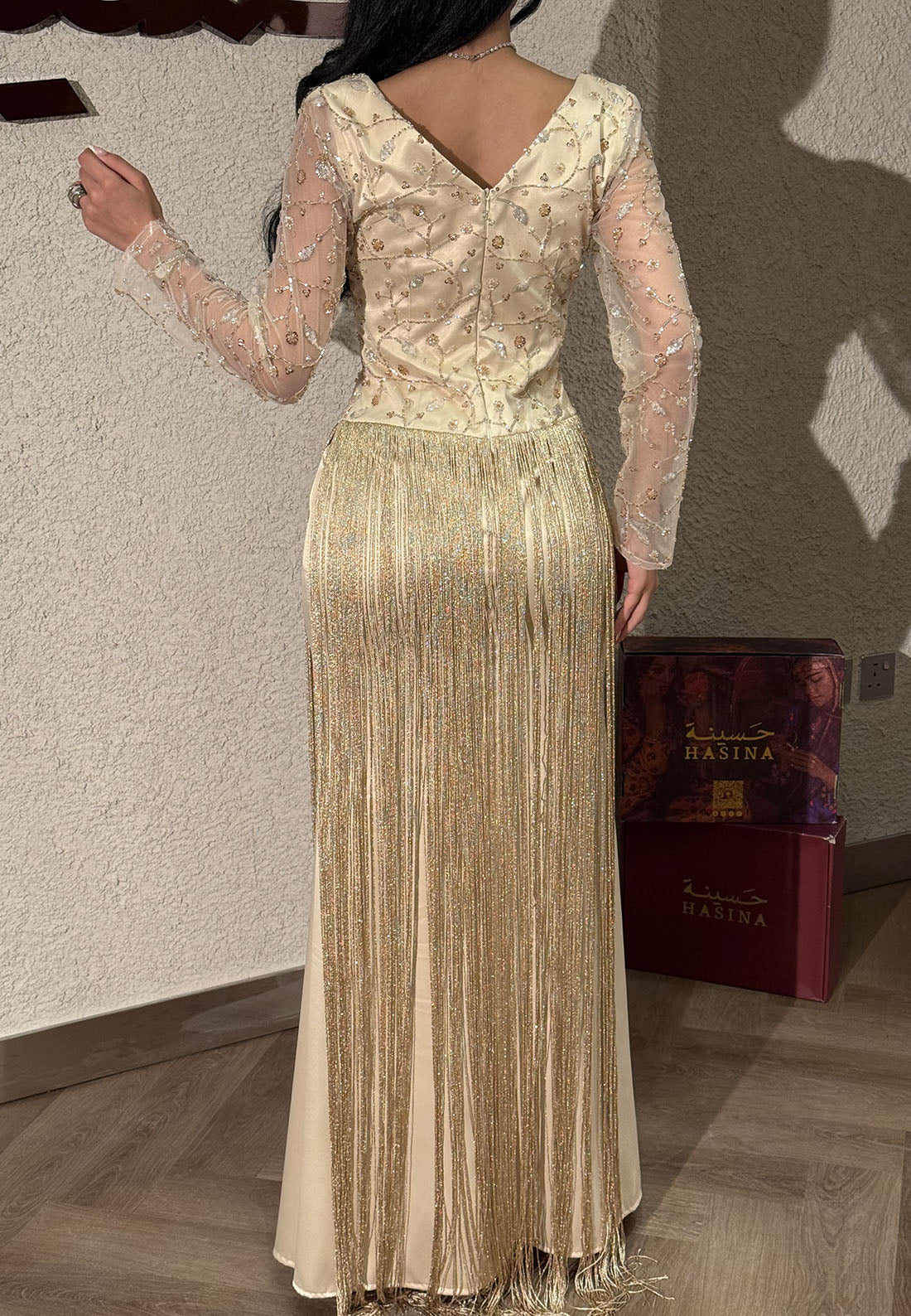 Embroidered Long Sleeve Gown with Fringe Skirt