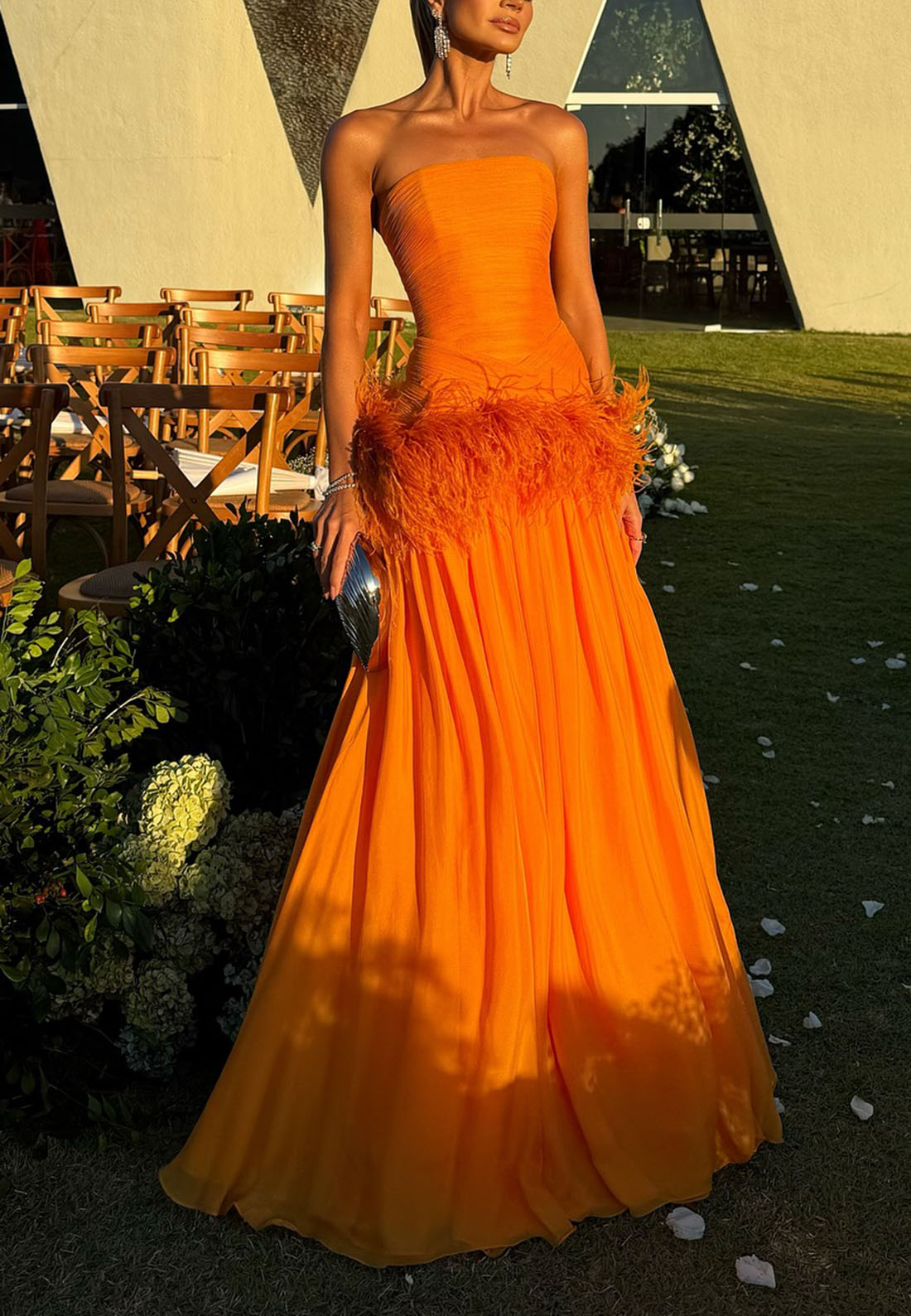Strapless Ruched Gown with Feather Trim