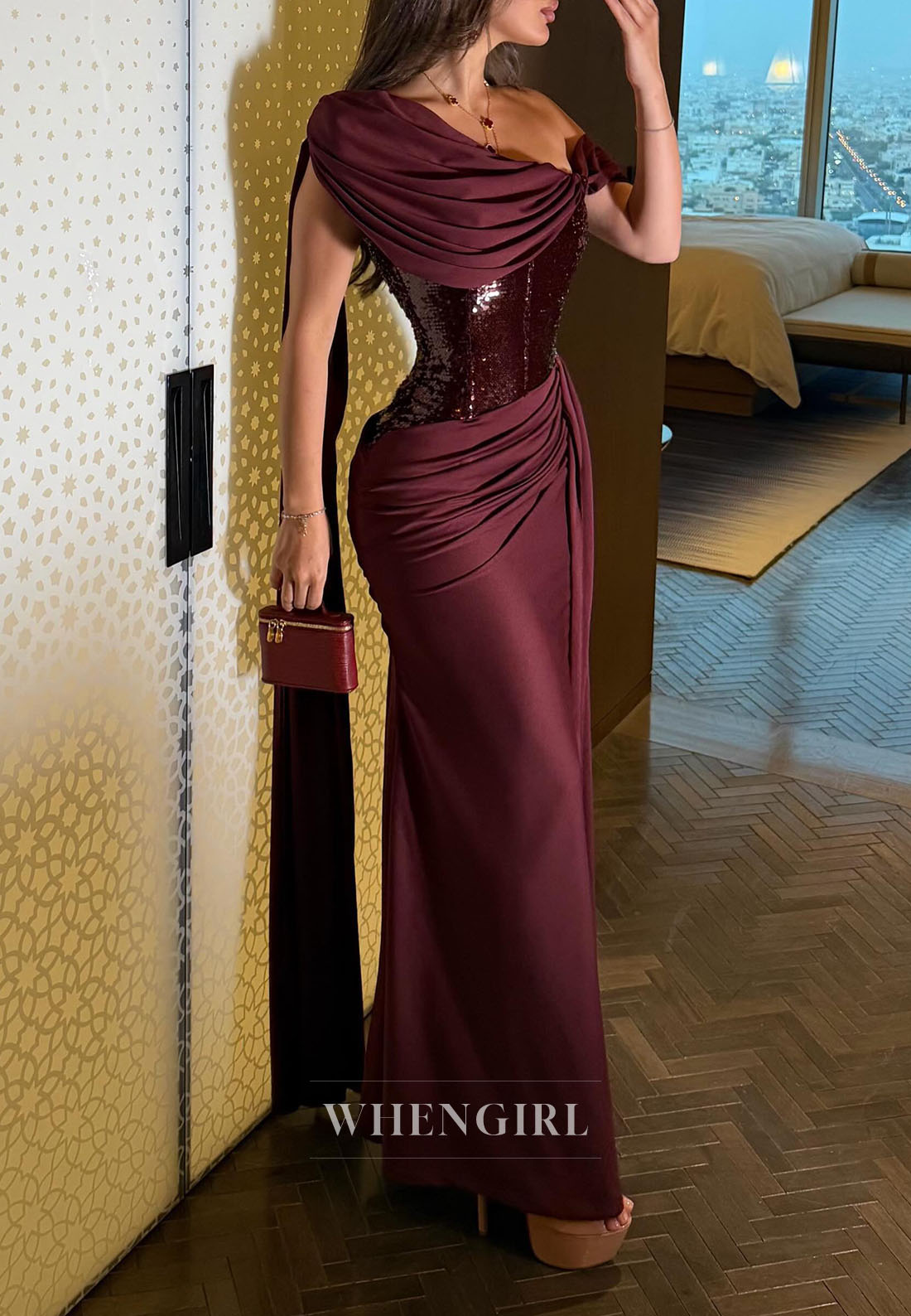 Sequined Asymmetrical Gown with Draped Cape