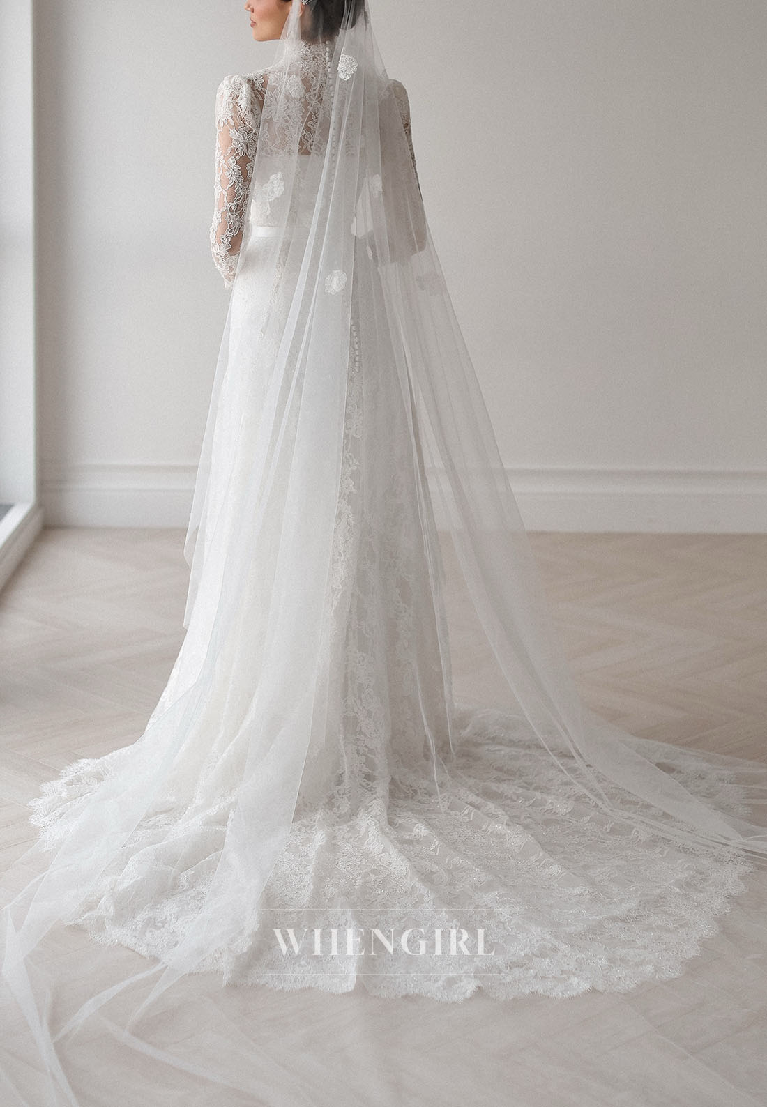 High Neck Long Sleeve Lace Column Wedding Dress