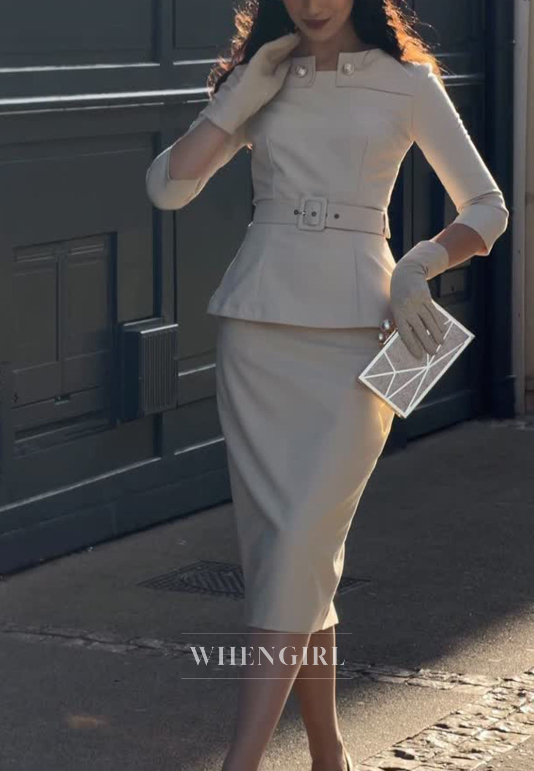 Peplum Midi Dress with Belt and 3/4 Sleeves