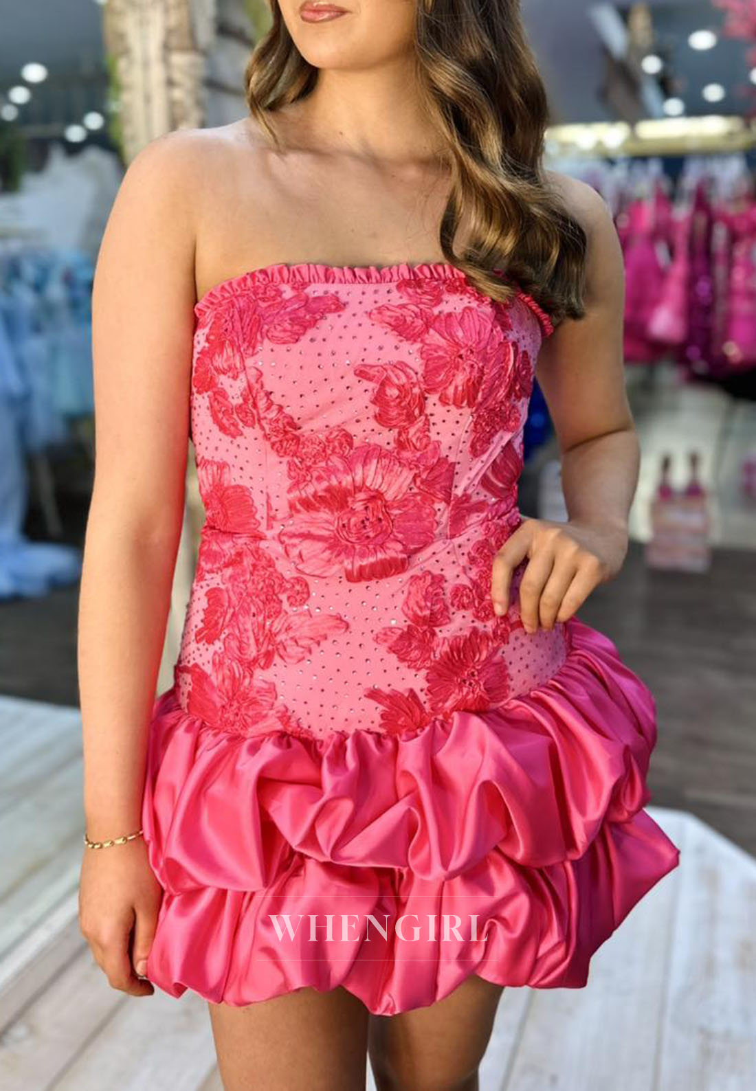 Strapless Floral Applique Tiered Bubble Skirt Mini Dress