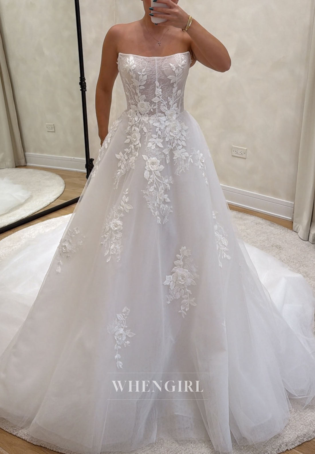 Strapless Lace Floral Applique Corset Wedding Dress