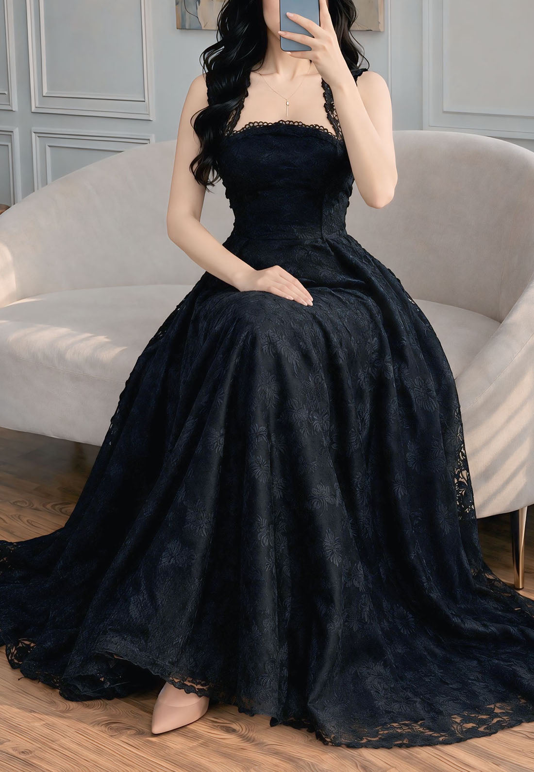 Lace A-Line Evening Gown with Scalloped Neckline