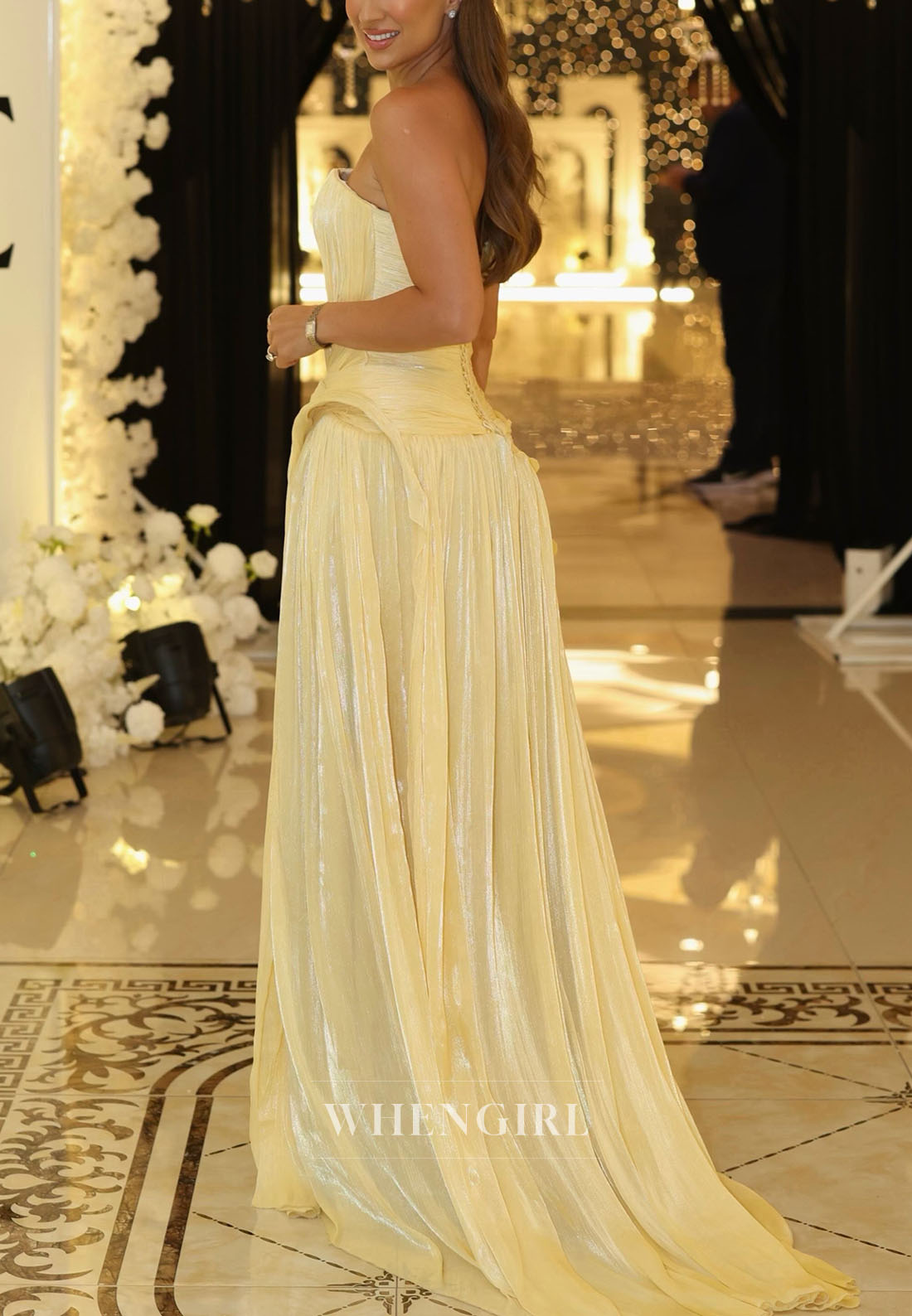 Strapless Pleated A-Line Gown with Draped Waist