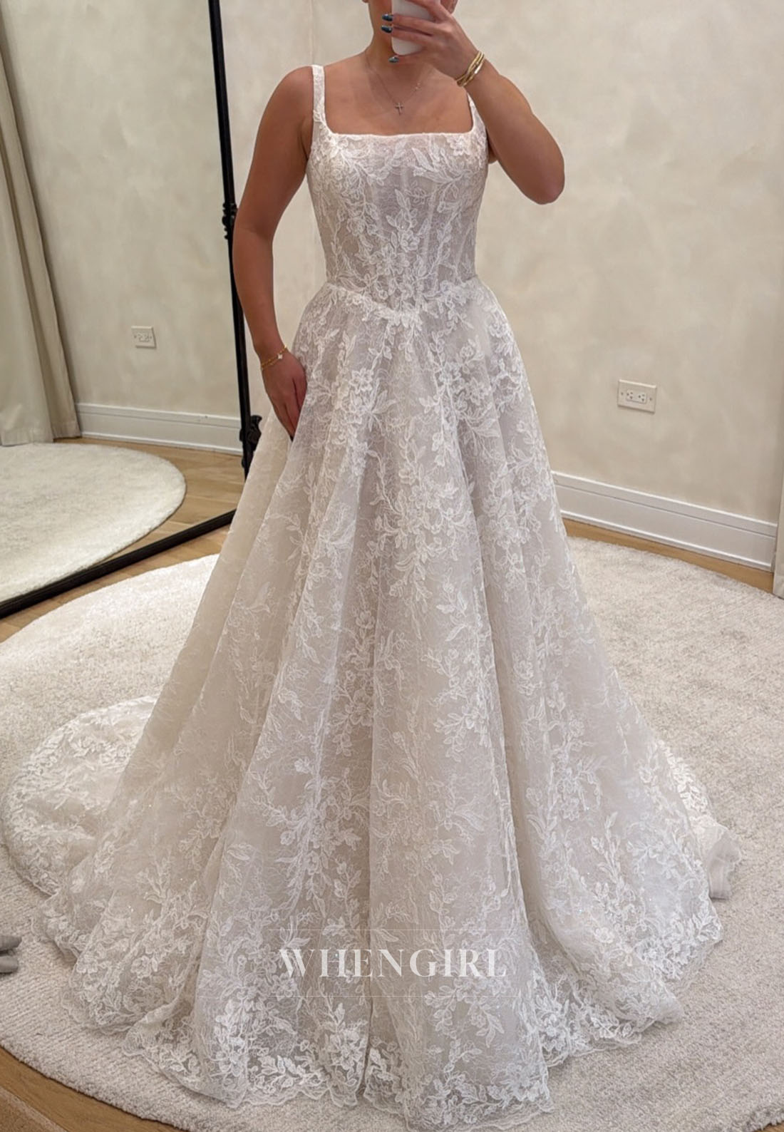 Lace Square Neck A-Line Wedding Dress with Straps