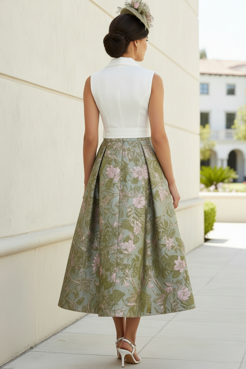 Sleeveless Wrap Bodice Floral Jacquard Midi Dress