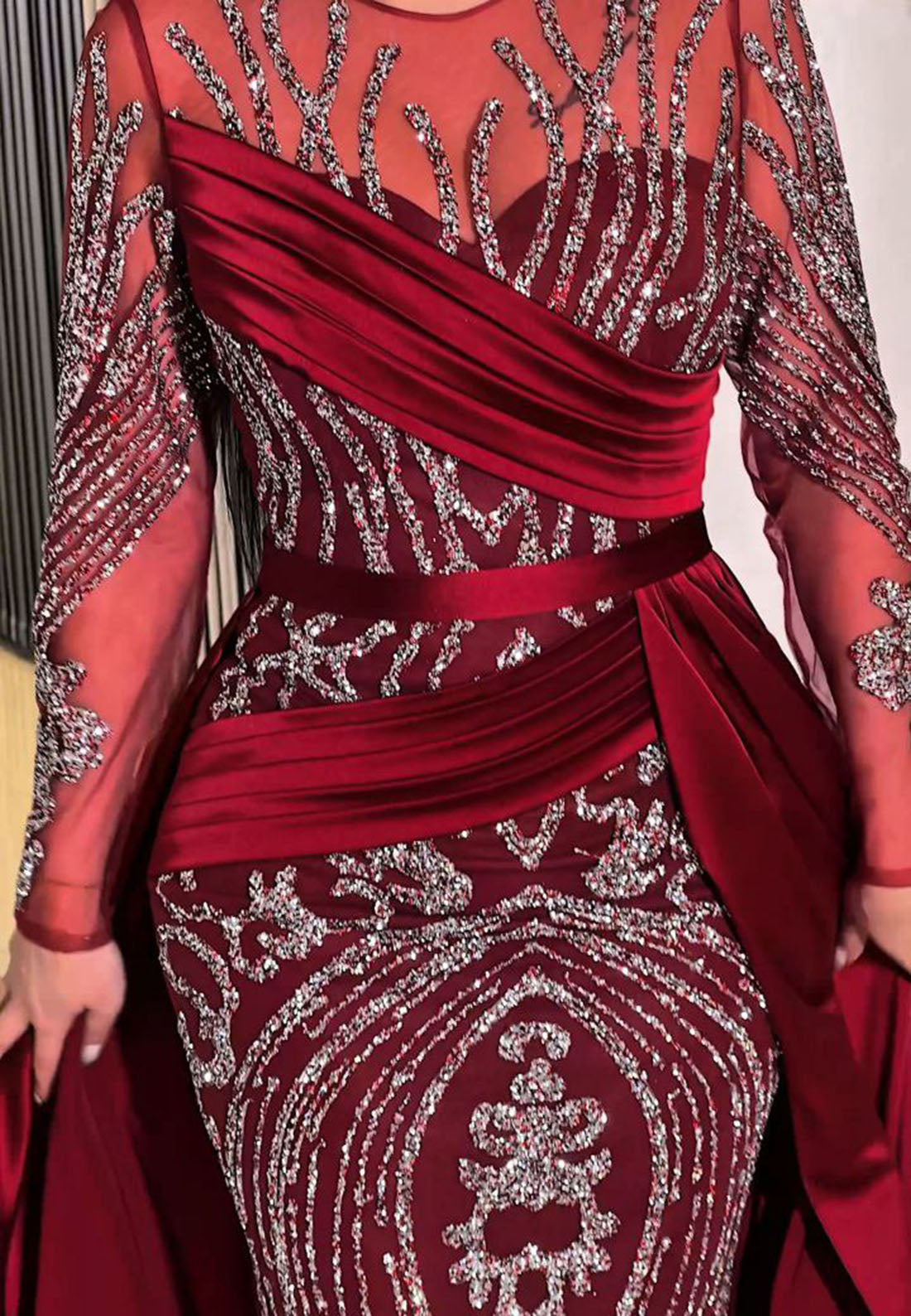Sequined Mermaid Gown with Satin Overskirt