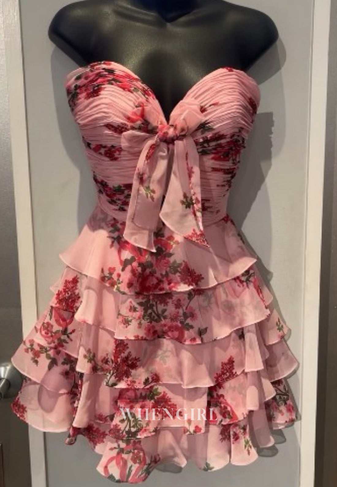 Strapless Ruched Tiered Floral Dress with Bow Detail