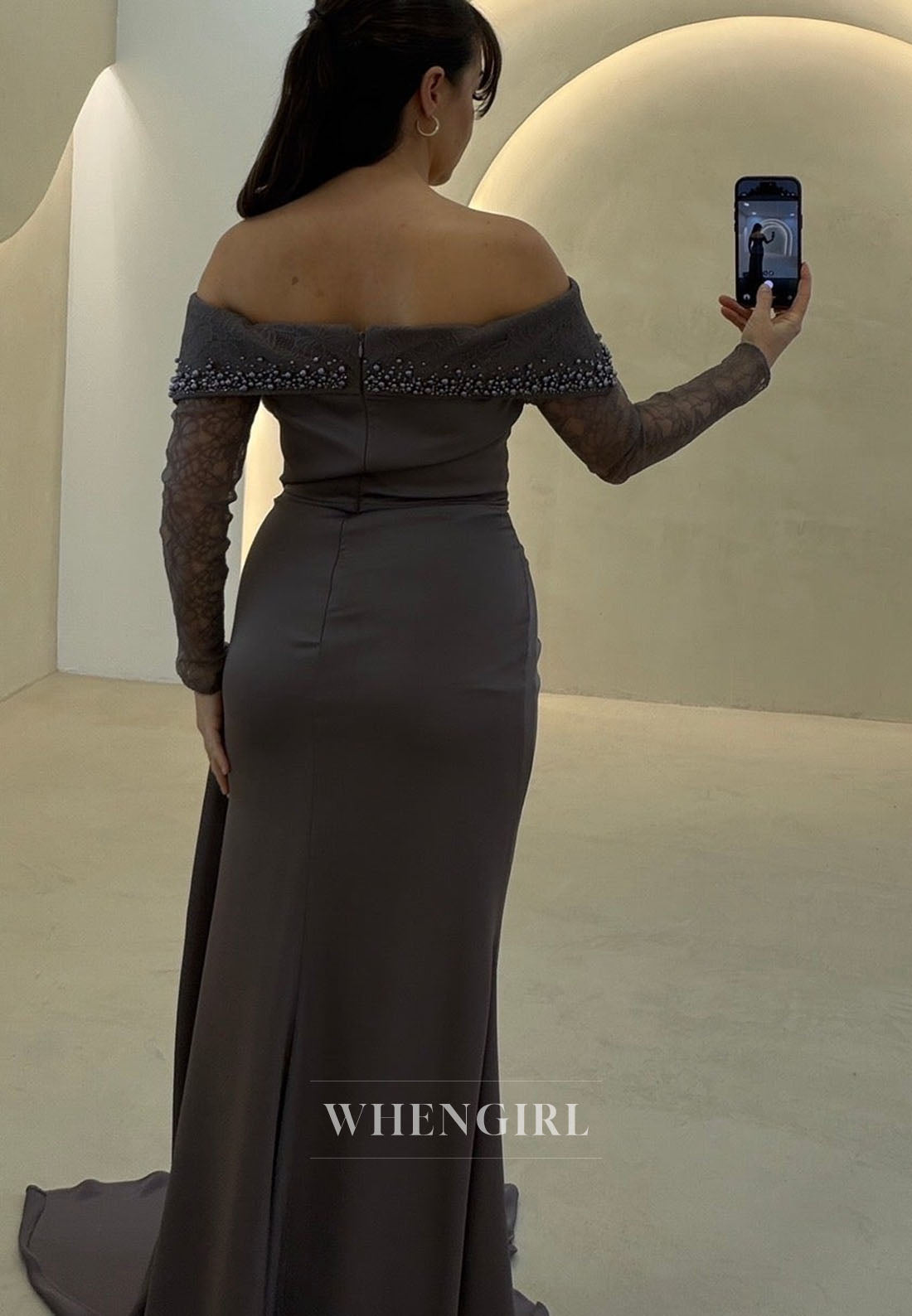 Off-Shoulder Pearl Embellished Lace Sleeve Gown