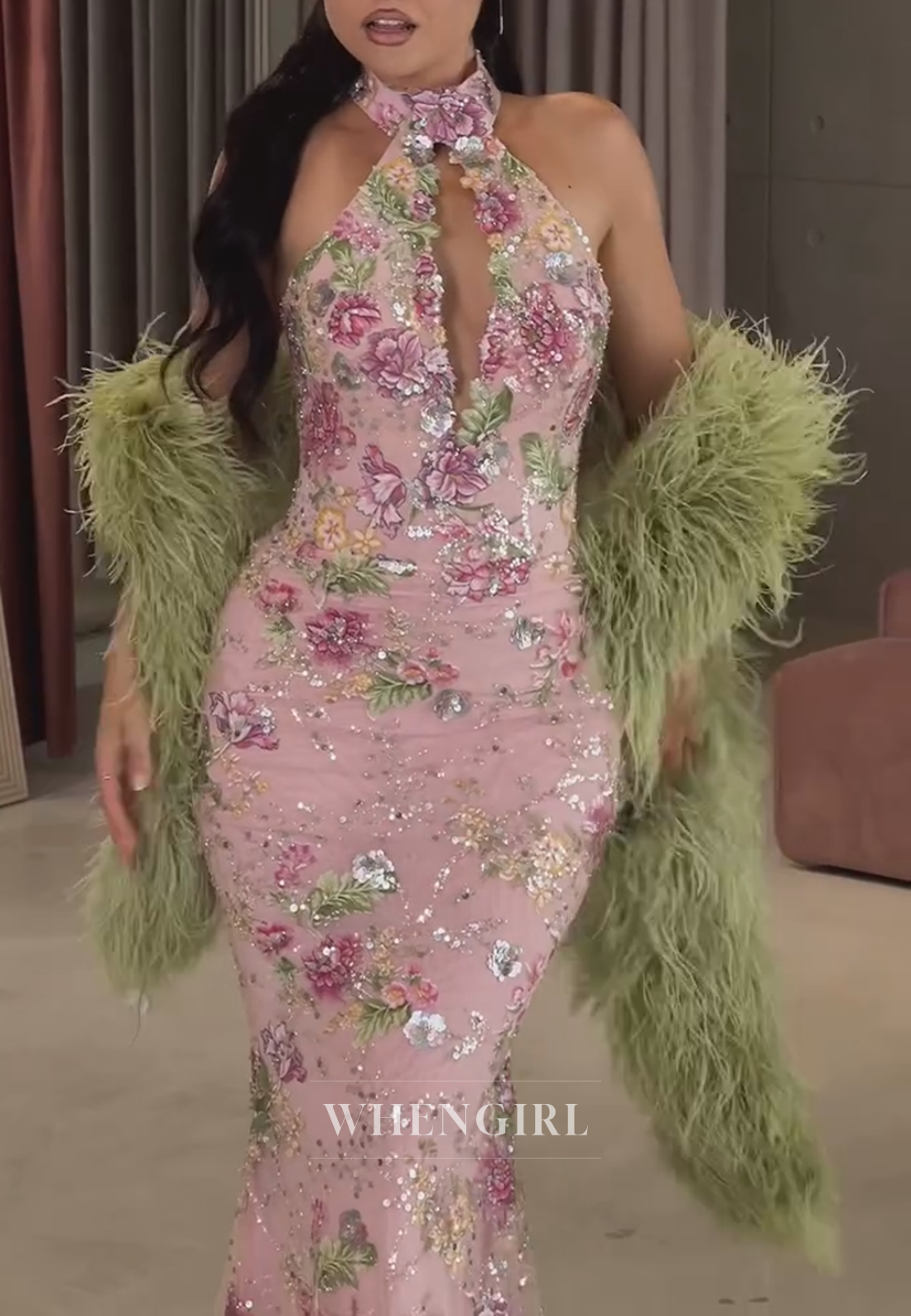Floral Embroidered Halter Mermaid Gown (without Cape)