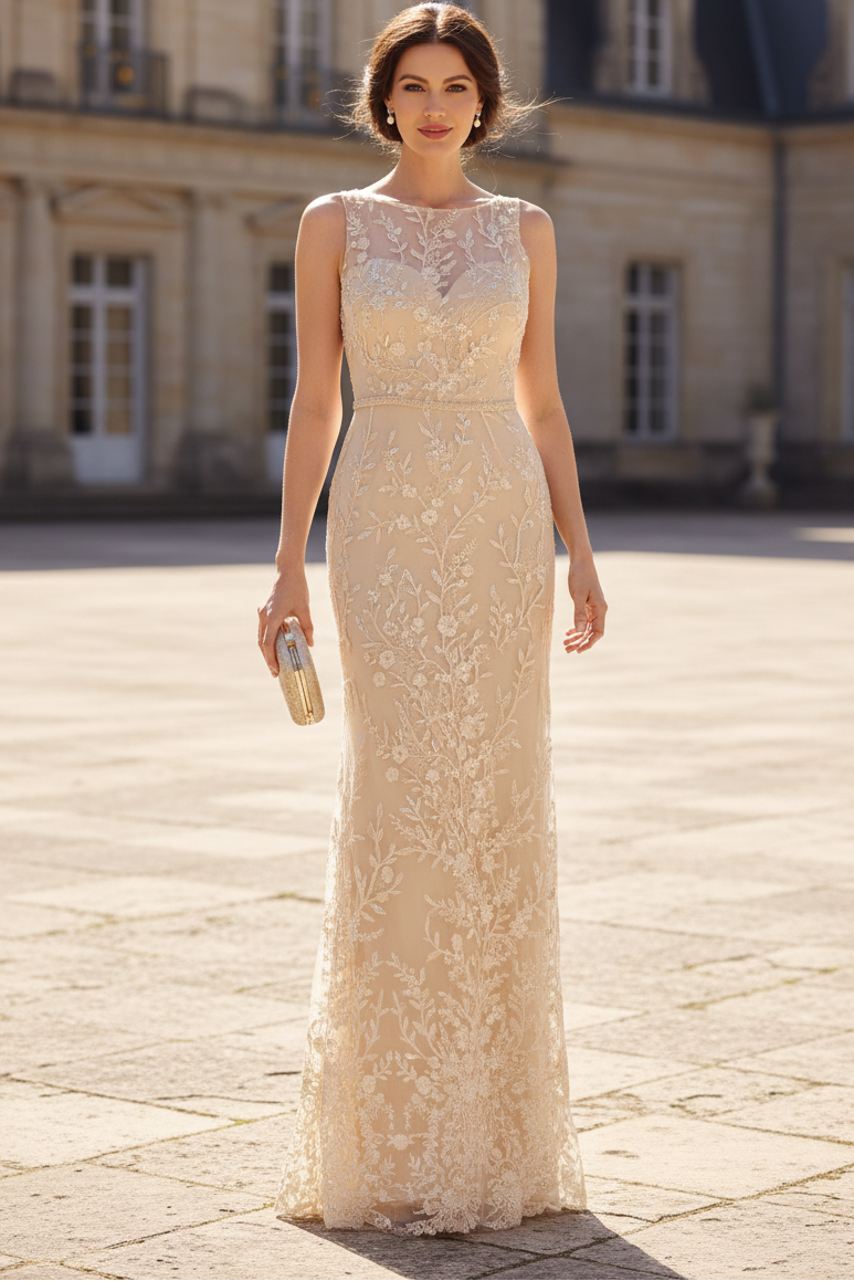 Illusion Neck Floral Lace Column Gown with Shawl