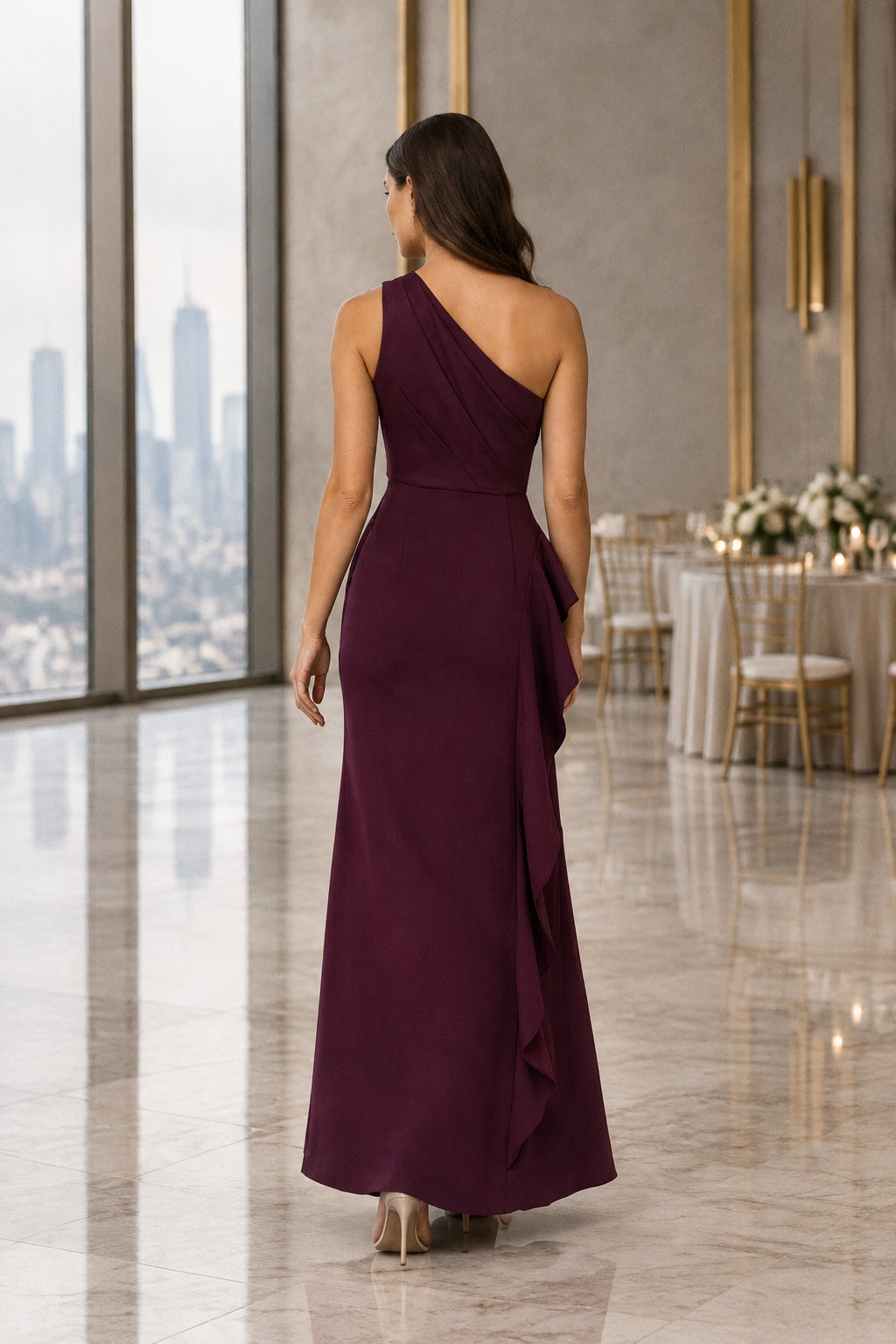One-Shoulder Pleated Gown with Side Ruffle Slit