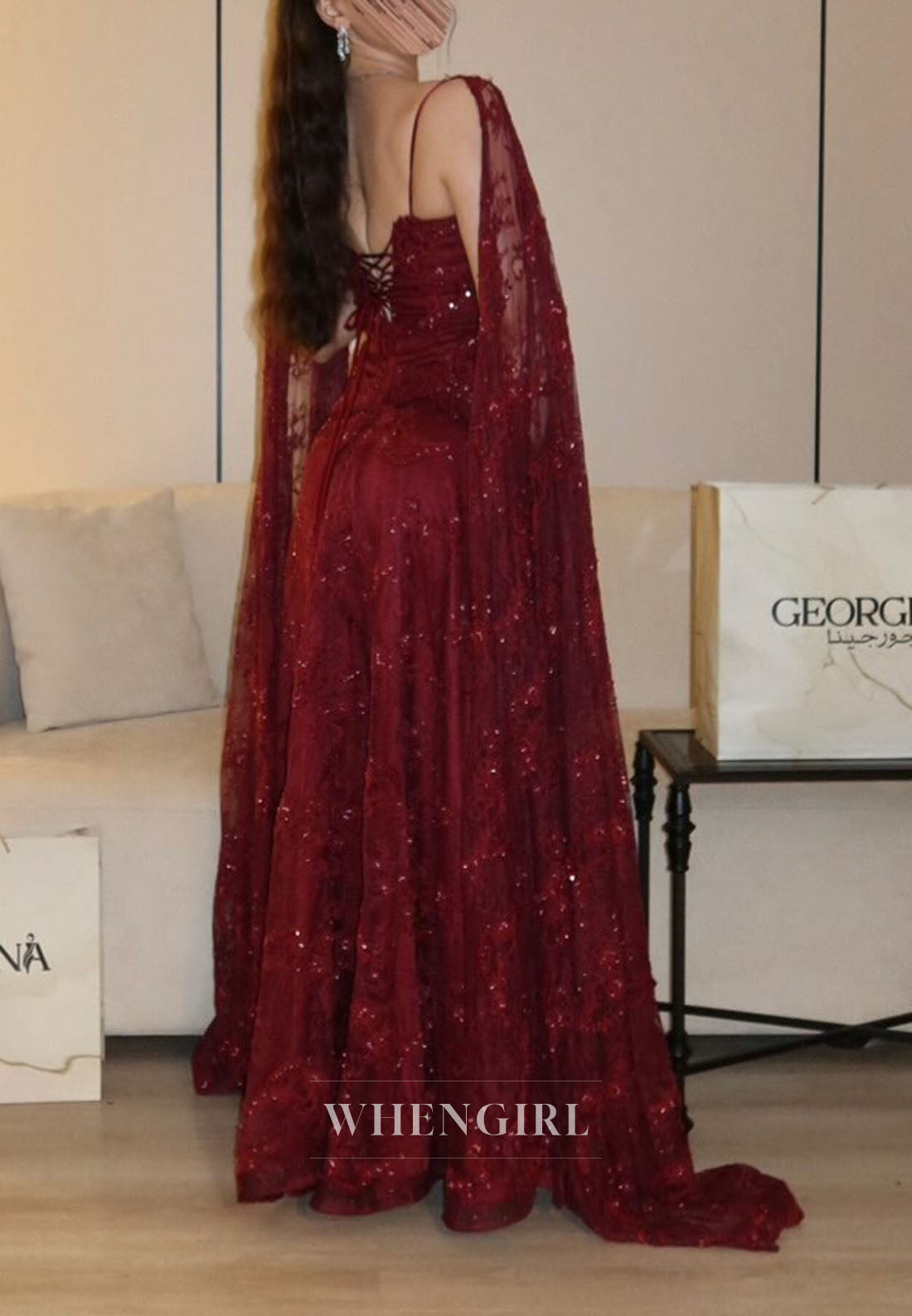 Sequined Lace Gown with Shoulder Cape Drape