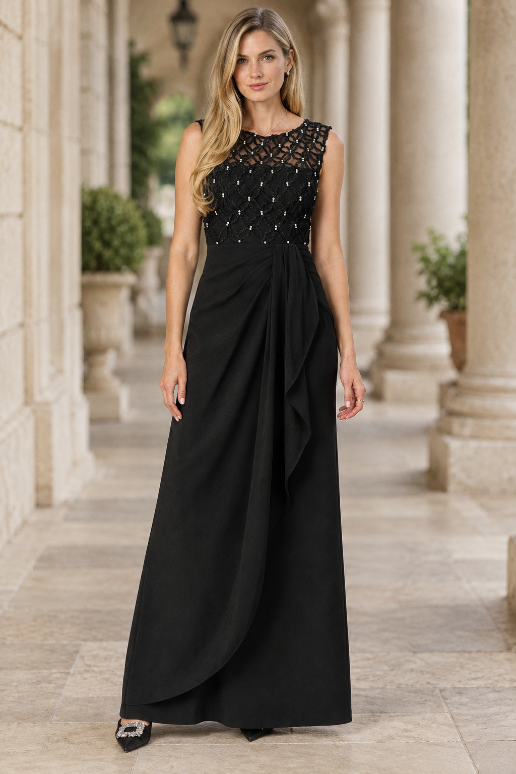 Beaded Illusion Bodice Gown with Side Draping
