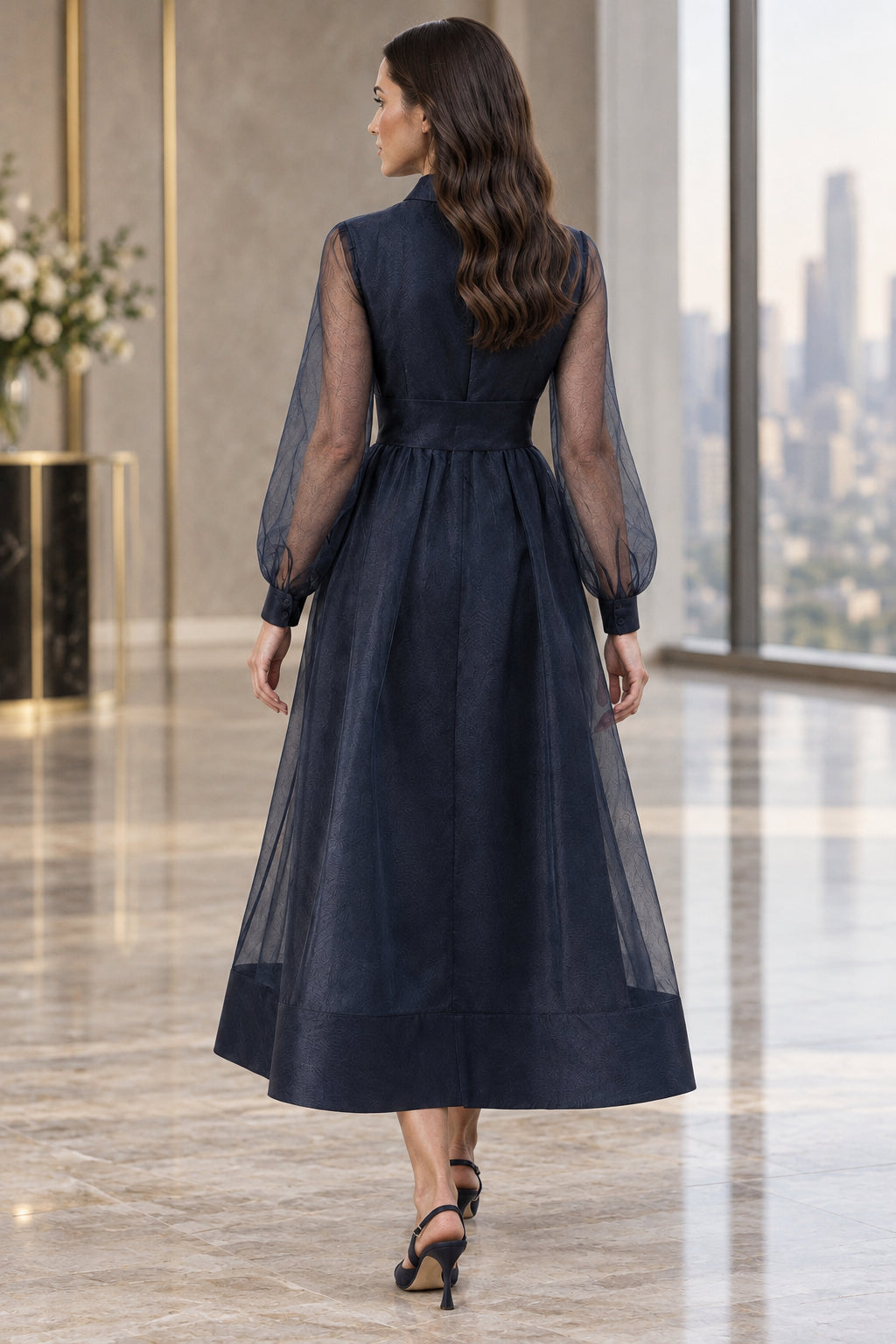 Organza Shirt Midi Dress with Tie Belt
