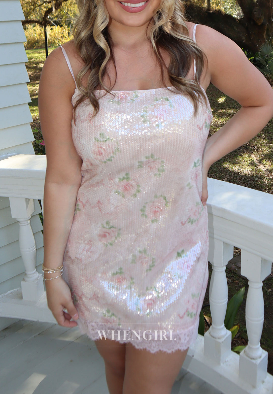 Floral Sequin Mini Dress with Square Neck & Low Back