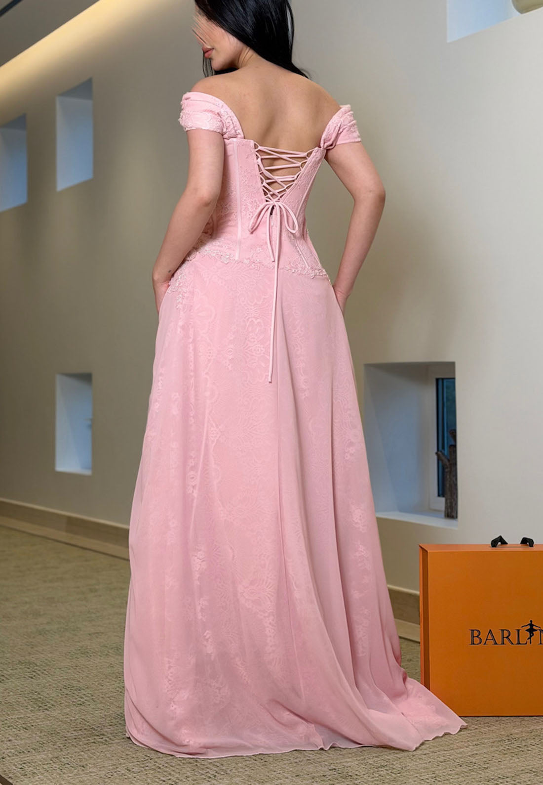 Off-the-Shoulder Corset Evening Gown with Draped Skirt