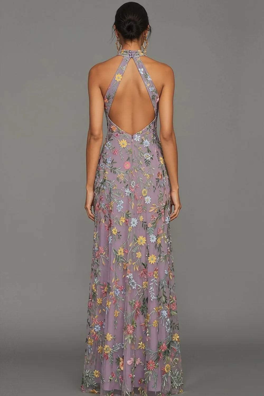 Floral Embroidered Halter Gown with High Slit