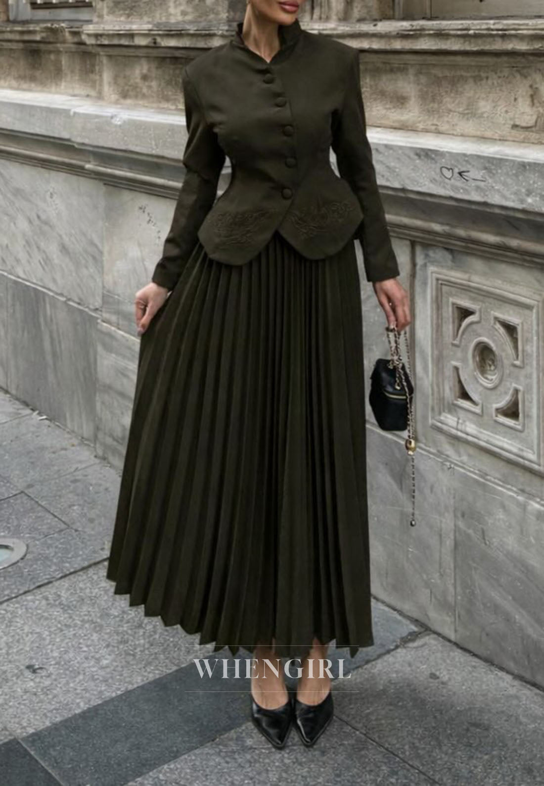Peplum Jacket and Pleated Maxi Skirt Two-Piece Set